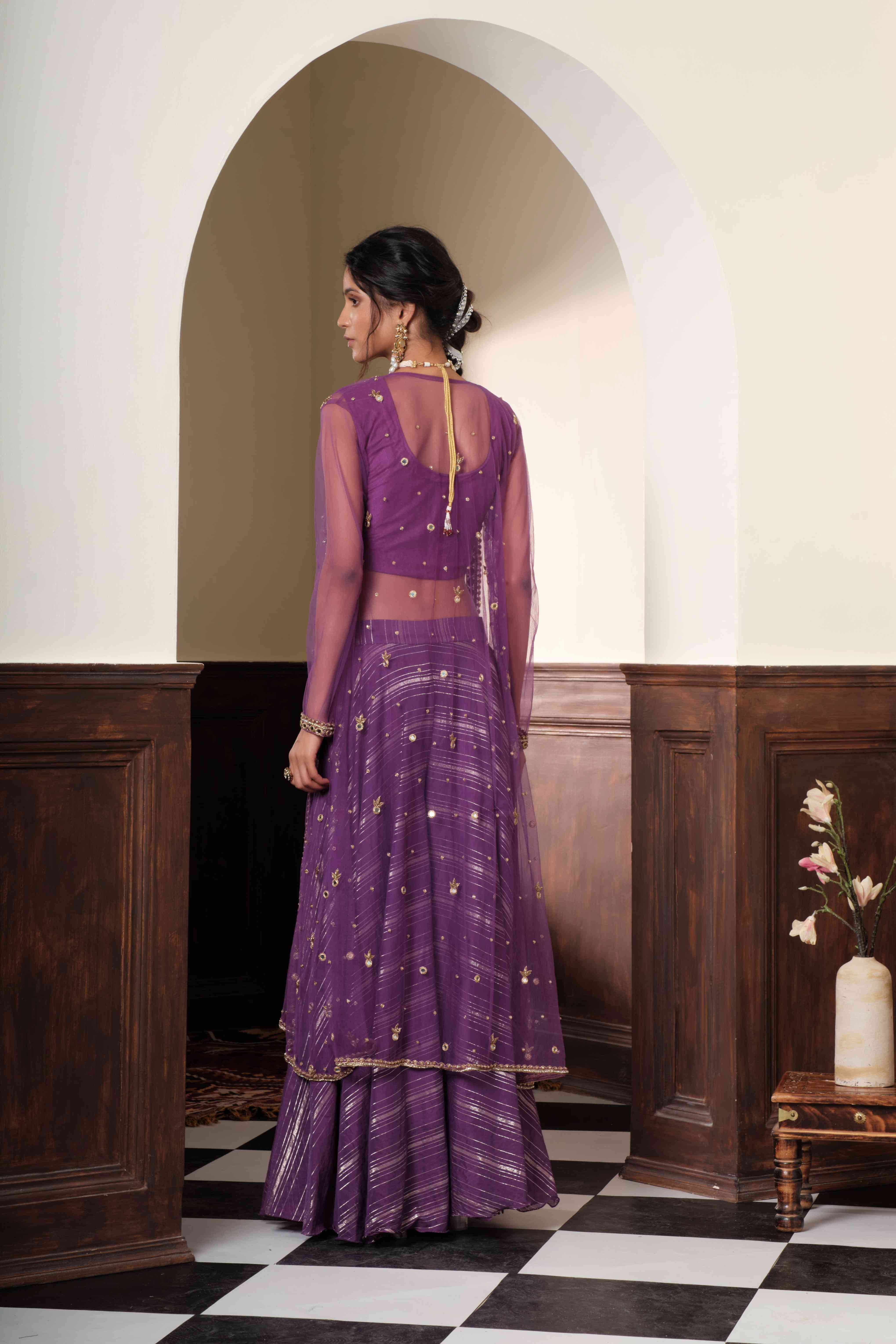 A model showcasing Devika Deep Violet Jacket Set by Muditaa By Urmila from Muditaa By Urmila's collection