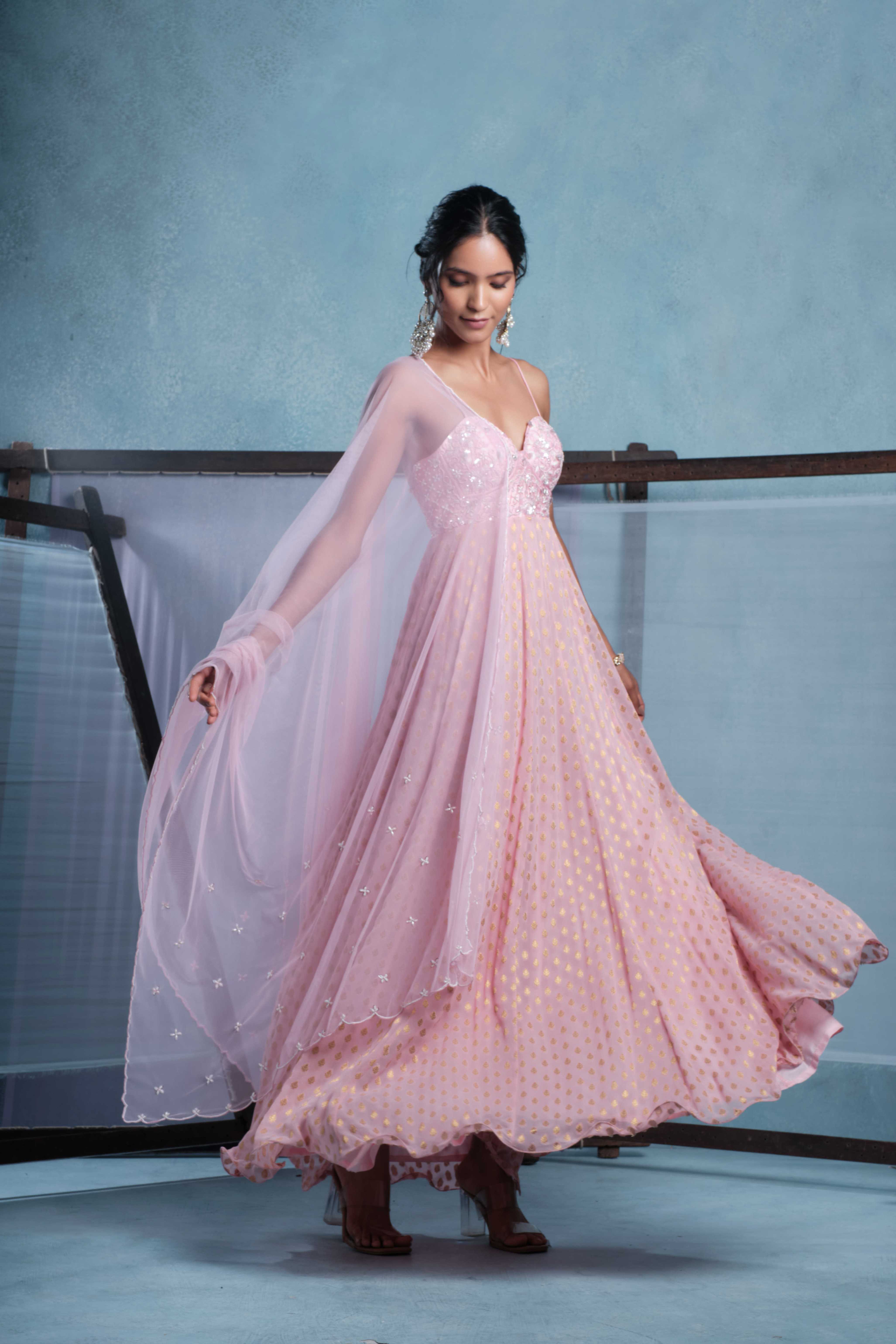 A model showcasing Samali Blush Pink Anarkali Set by Muditaa By Urmila from Muditaa By Urmila's collection