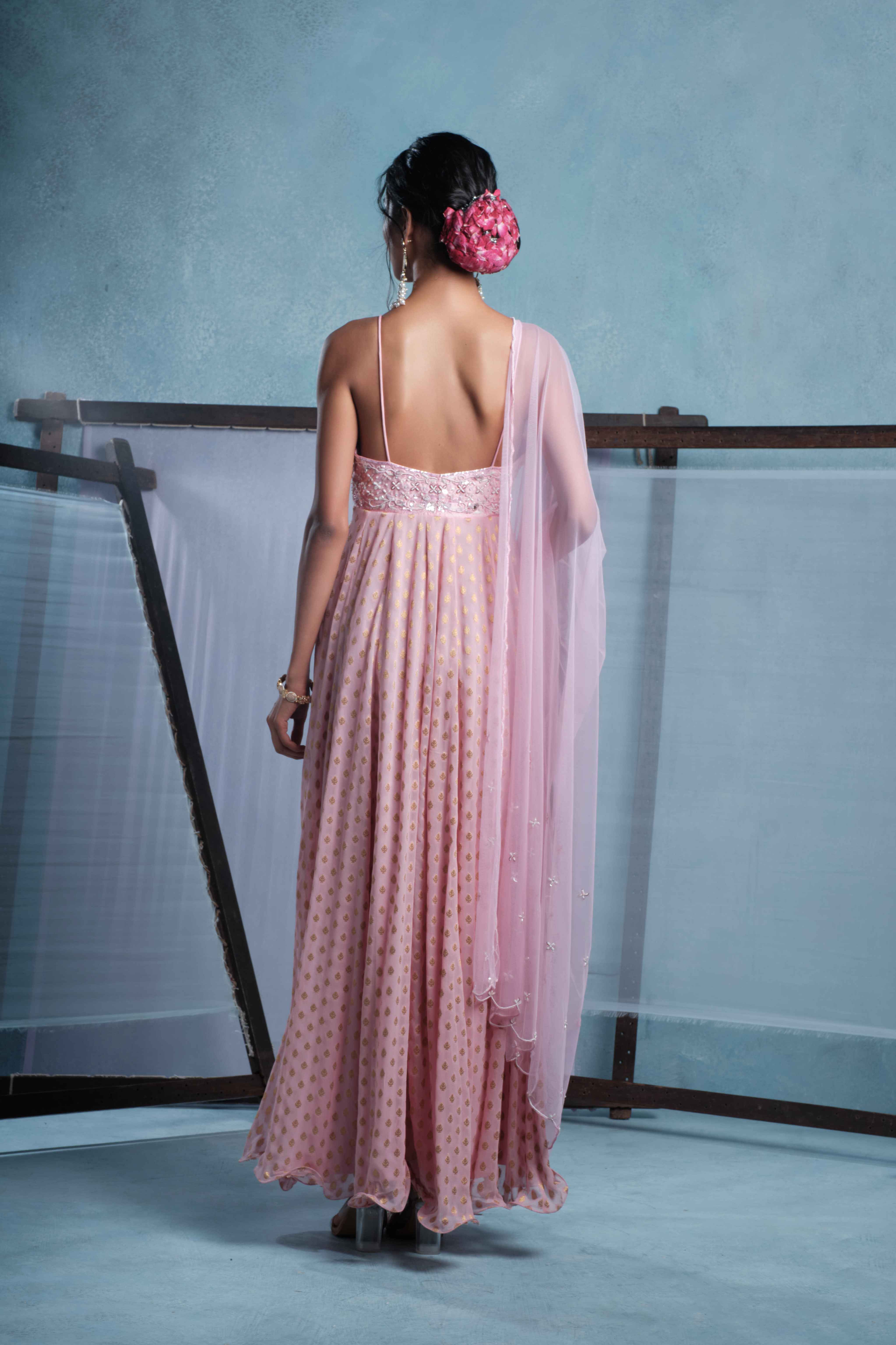 A model showcasing Samali Blush Pink Anarkali Set by Muditaa By Urmila from Muditaa By Urmila's collection