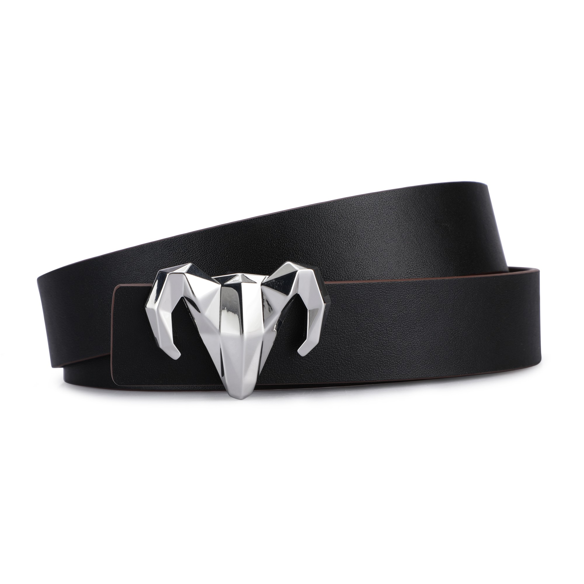 A model showcasing Italian Black Brown Leather Ram Buckle Reversible Belt by Dusala from Dusala's collection A model showcasing Italian Black Brown Leather Ram Buckle Reversible Belt by Dusala from Dusala's collection