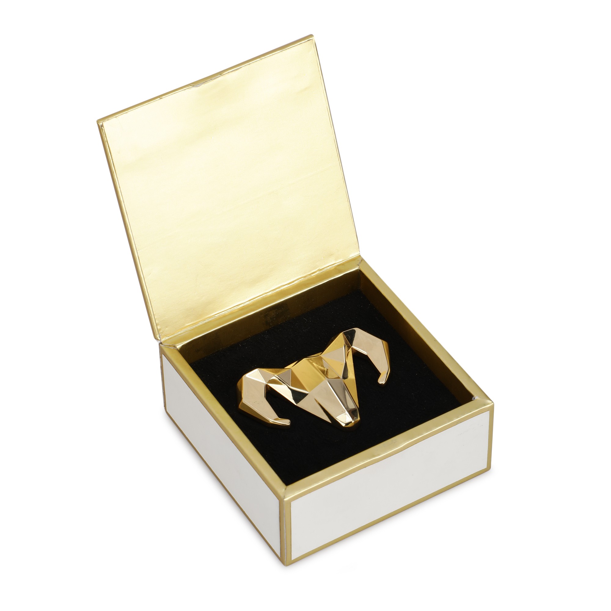 A model showcasing Gold Toned Alloy Ram Brooch by Dusala from Dusala's collection A model showcasing Gold Toned Alloy Ram Brooch by Dusala from Dusala's collection