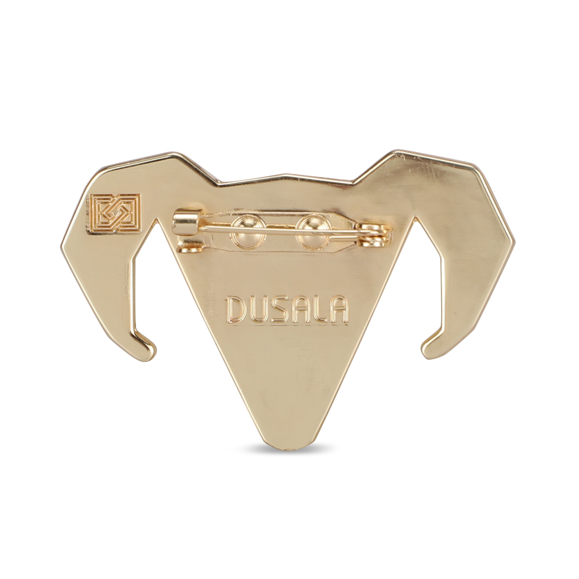 A model showcasing Gold Toned Alloy Ram Brooch by Dusala from Dusala's collection A model showcasing Gold Toned Alloy Ram Brooch by Dusala from Dusala's collection