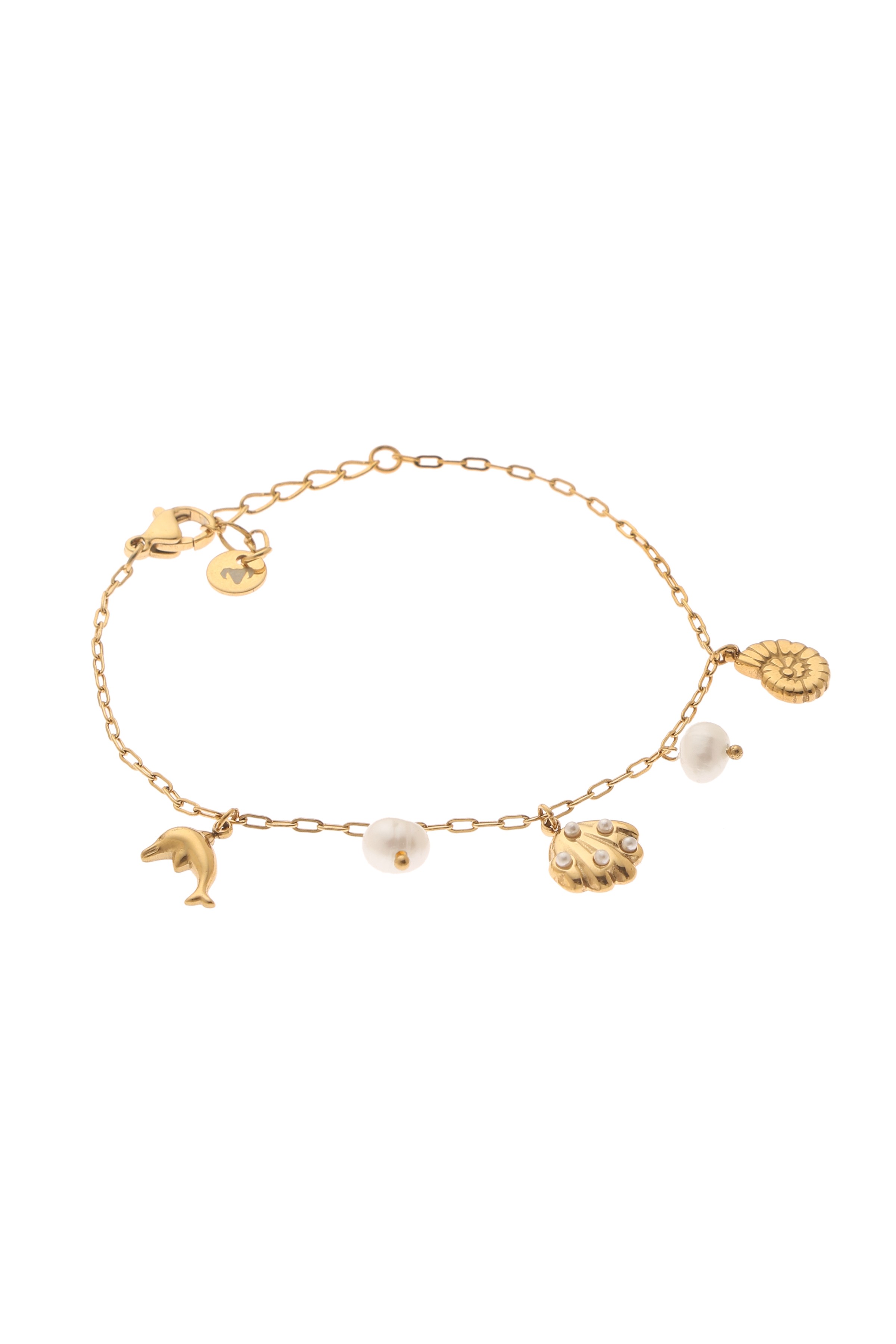 A model showcasing Pearl Beach Charm Bracelet by Dusala from Dusala's collection A model showcasing Pearl Beach Charm Bracelet by Dusala from Dusala's collection