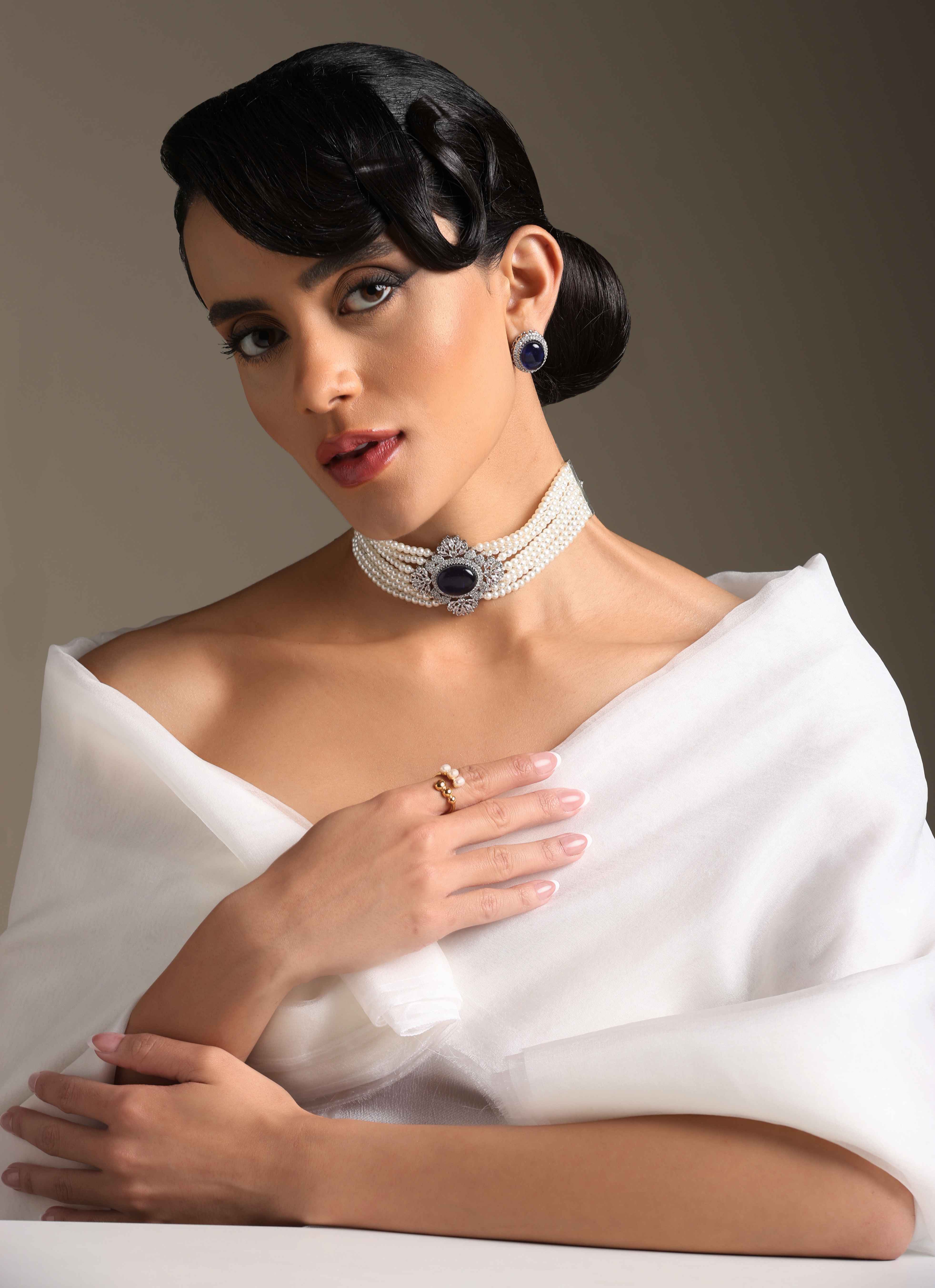 A model showcasing Blue Pearl Choker by Dusala from Dusala's collection