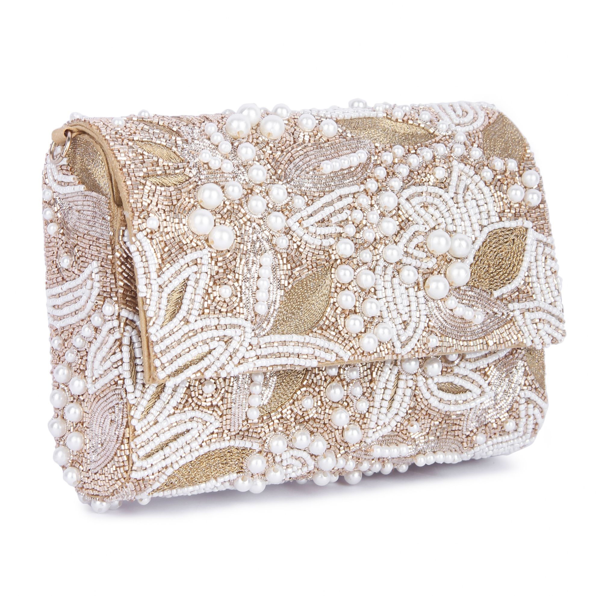 A model showcasing Pearl Gold Clutch by The Purple Sack from The Purple Sack's collection