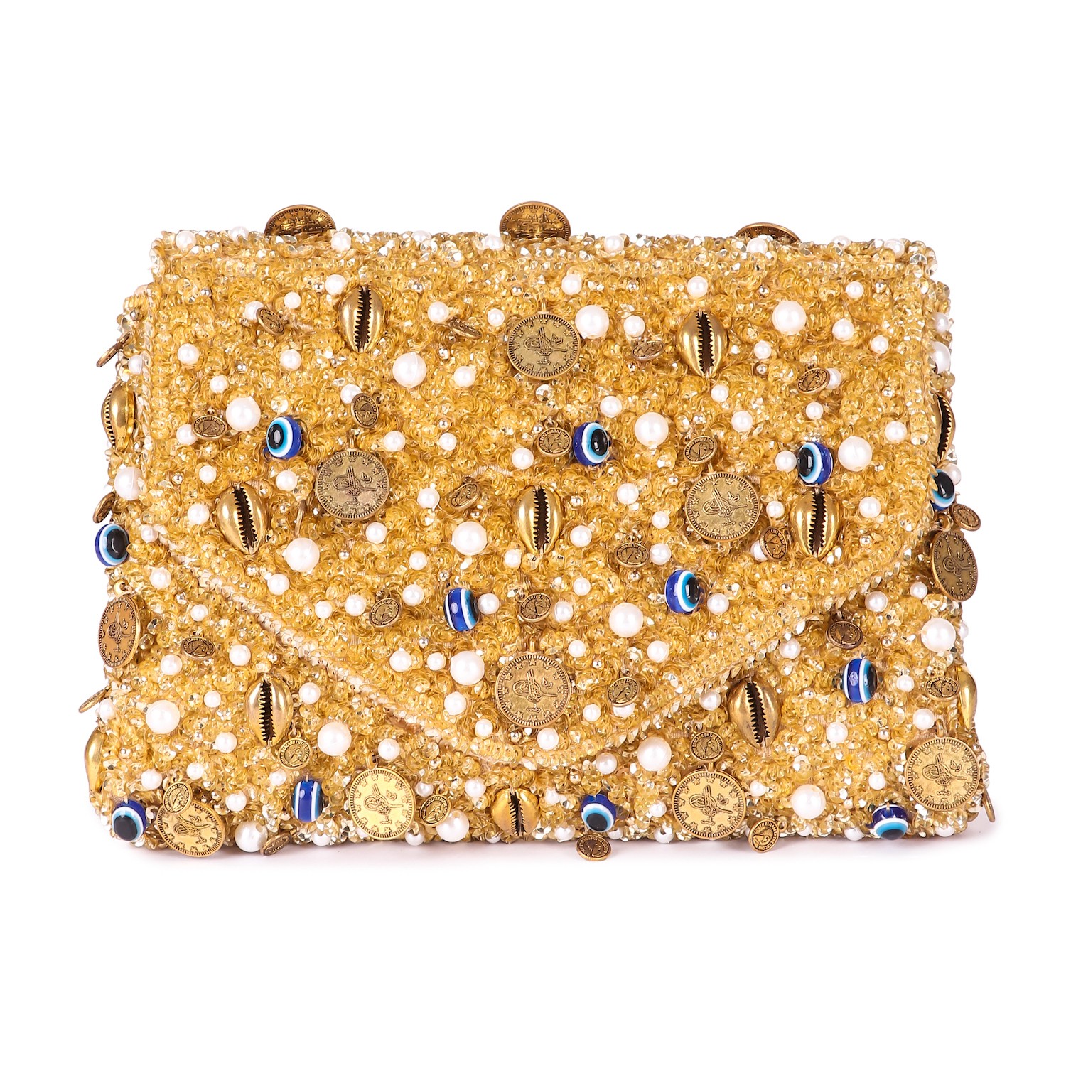 A model showcasing Evil Eye Gold Clutch Feature image by The Purple Sack from The Purple Sack's collection