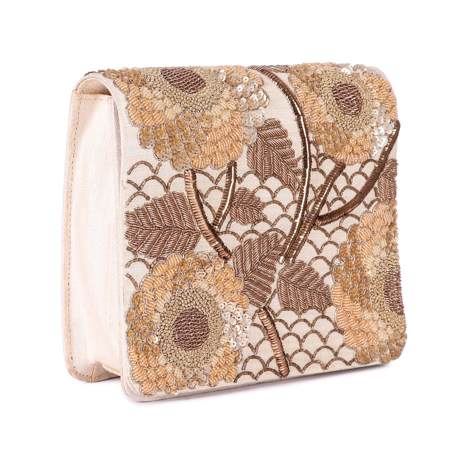 A model showcasing Beige Bahaar Clutch Feature image by The Purple Sack from The Purple Sack's collection