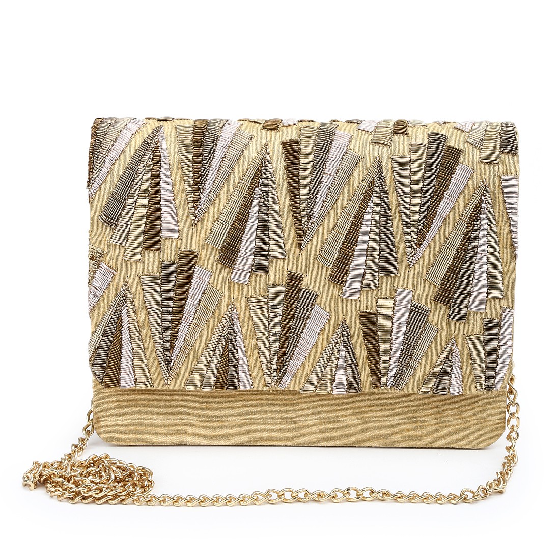 A model showcasing All Shades Of Gold Clutch by The Purple Sack from The Purple Sack's collection