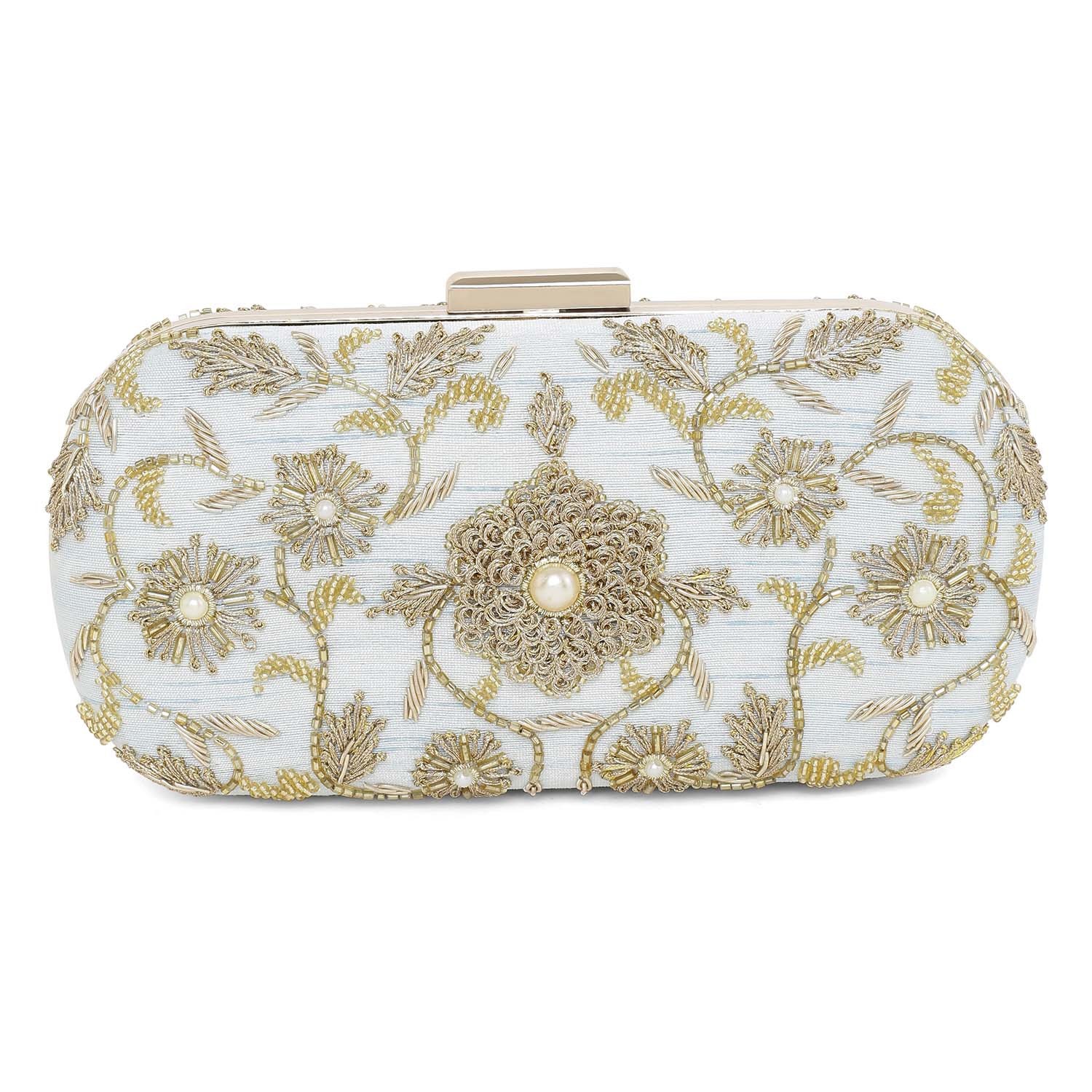 A model showcasing Ice Blue Flower Clutch Feature image by The Purple Sack from The Purple Sack's collection
