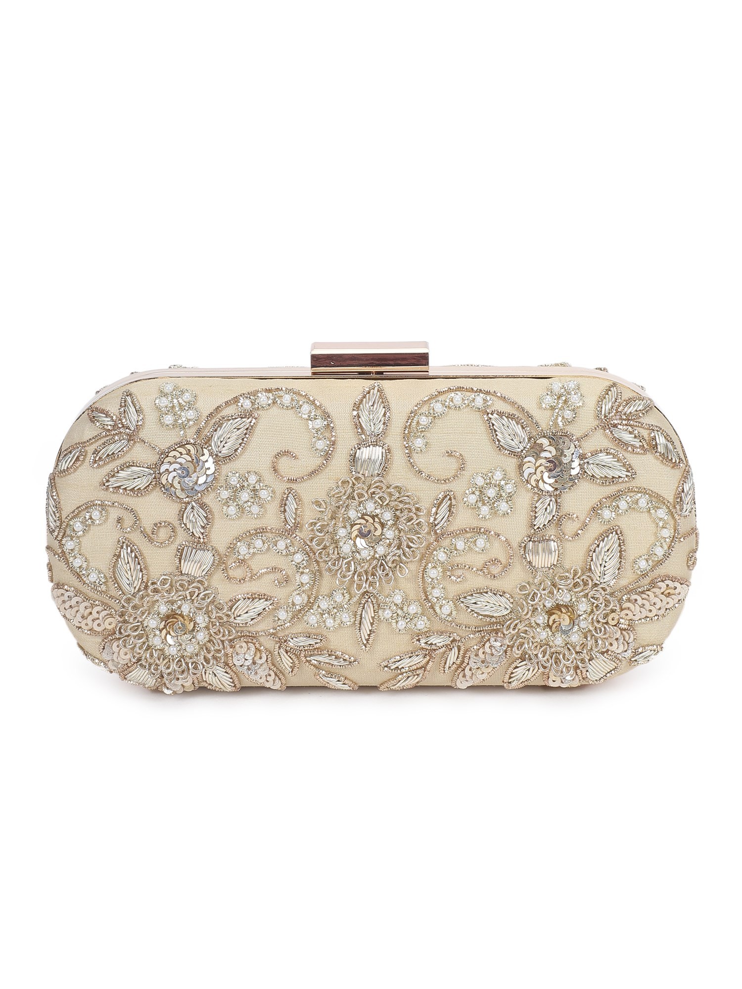 A model showcasing Thandai Gold Clutch Feature image by The Purple Sack from The Purple Sack's collection
