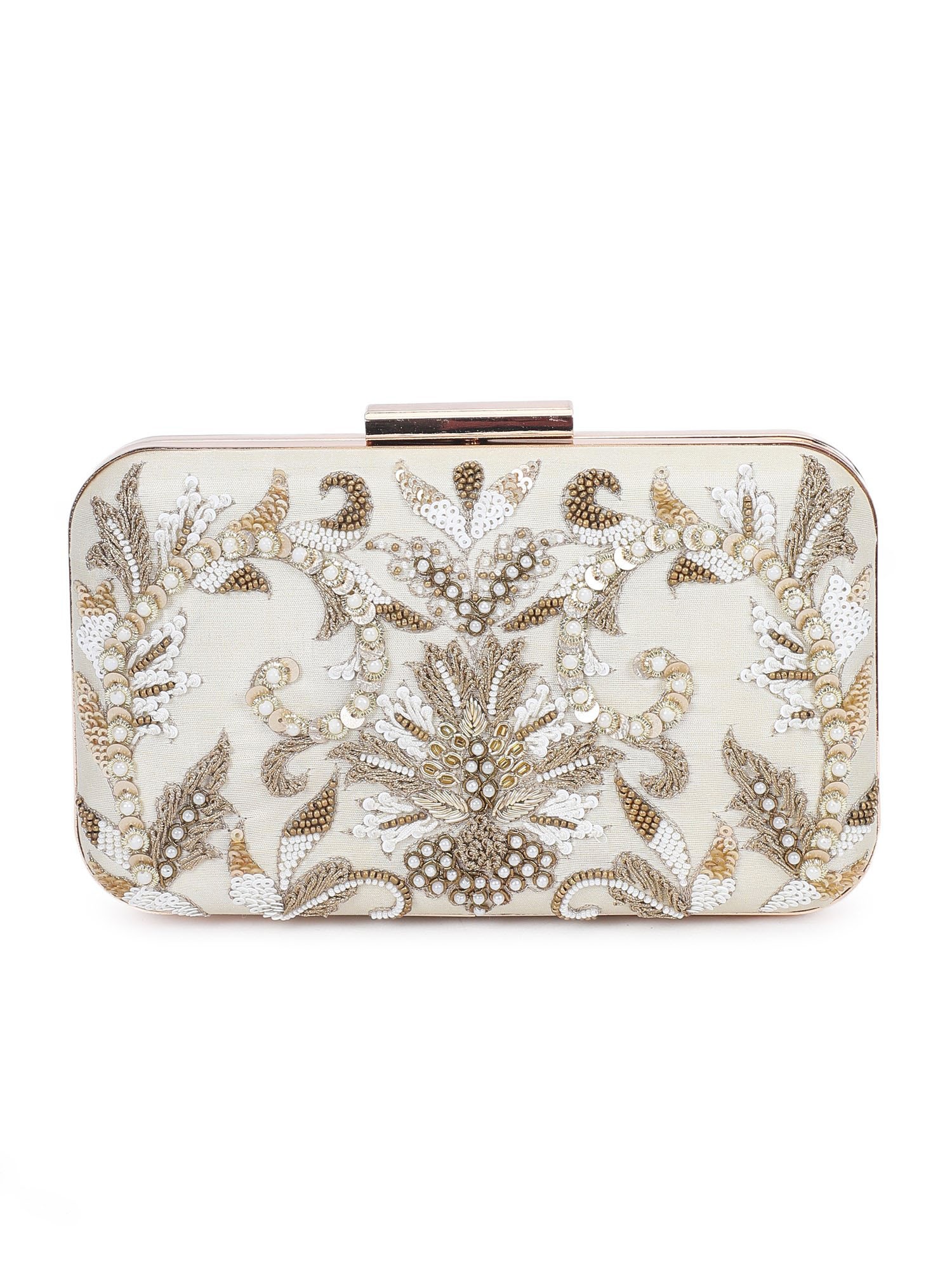 A model showcasing Beige Beauty Clutch by The Purple Sack from The Purple Sack's collection