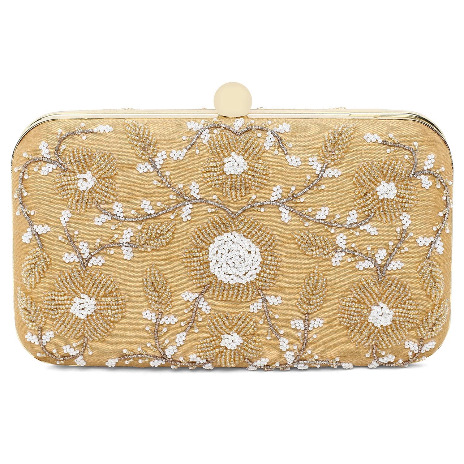 A model showcasing Golden Elegant Clutch by The Purple Sack from The Purple Sack's collection