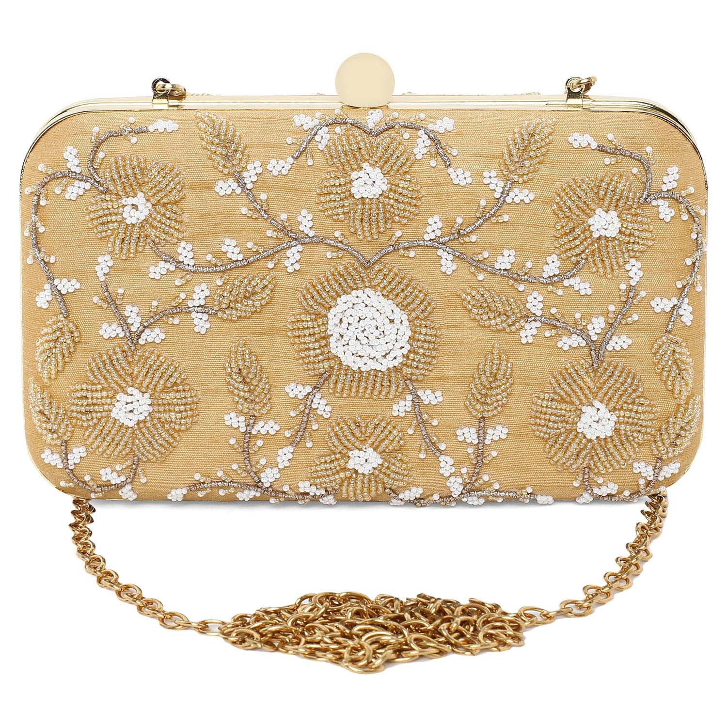 A model showcasing Golden Elegant Clutch by The Purple Sack from The Purple Sack's collection