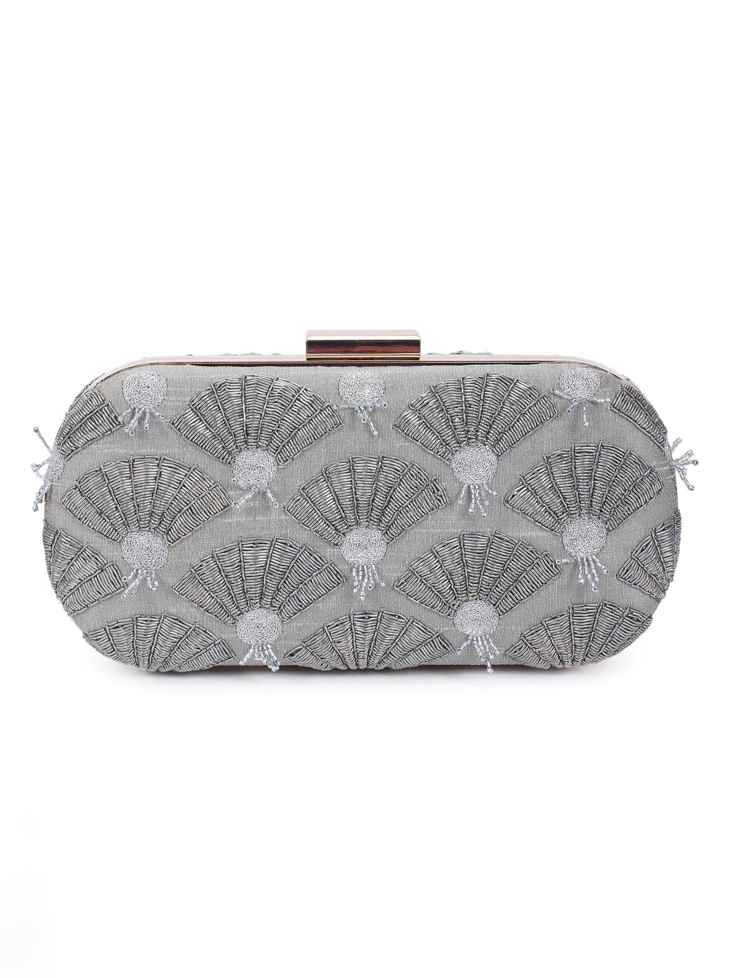 A model showcasing Grey Fan Clutch Feature image by The Purple Sack from The Purple Sack's collection