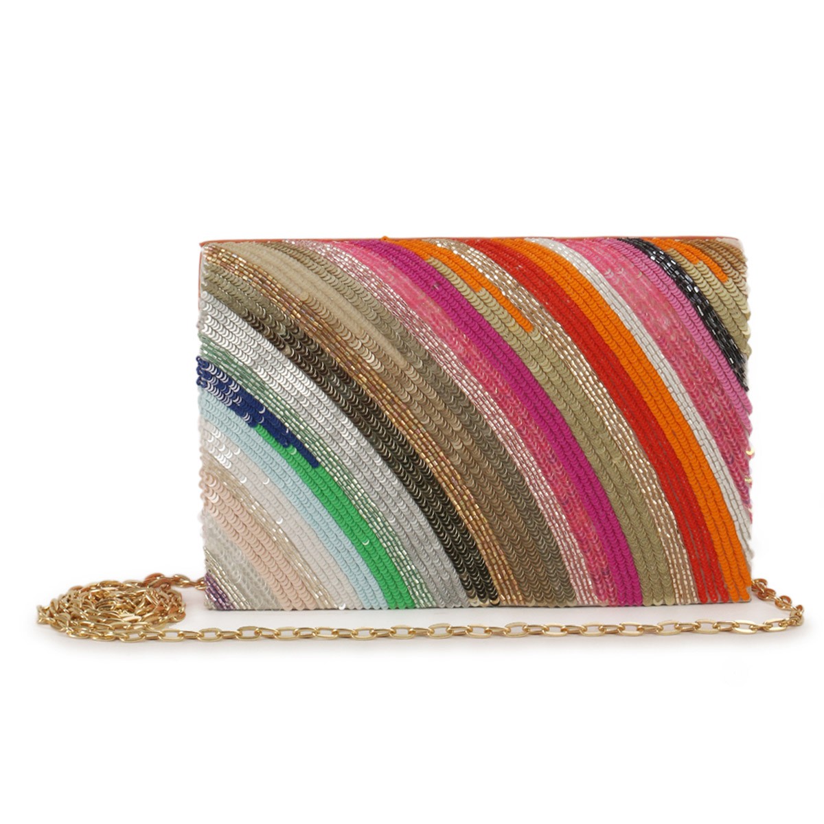 A model showcasing Over The Rainbow Clutch by The Purple Sack from The Purple Sack's collection A model showcasing Over The Rainbow Clutch by The Purple Sack from The Purple Sack's collection