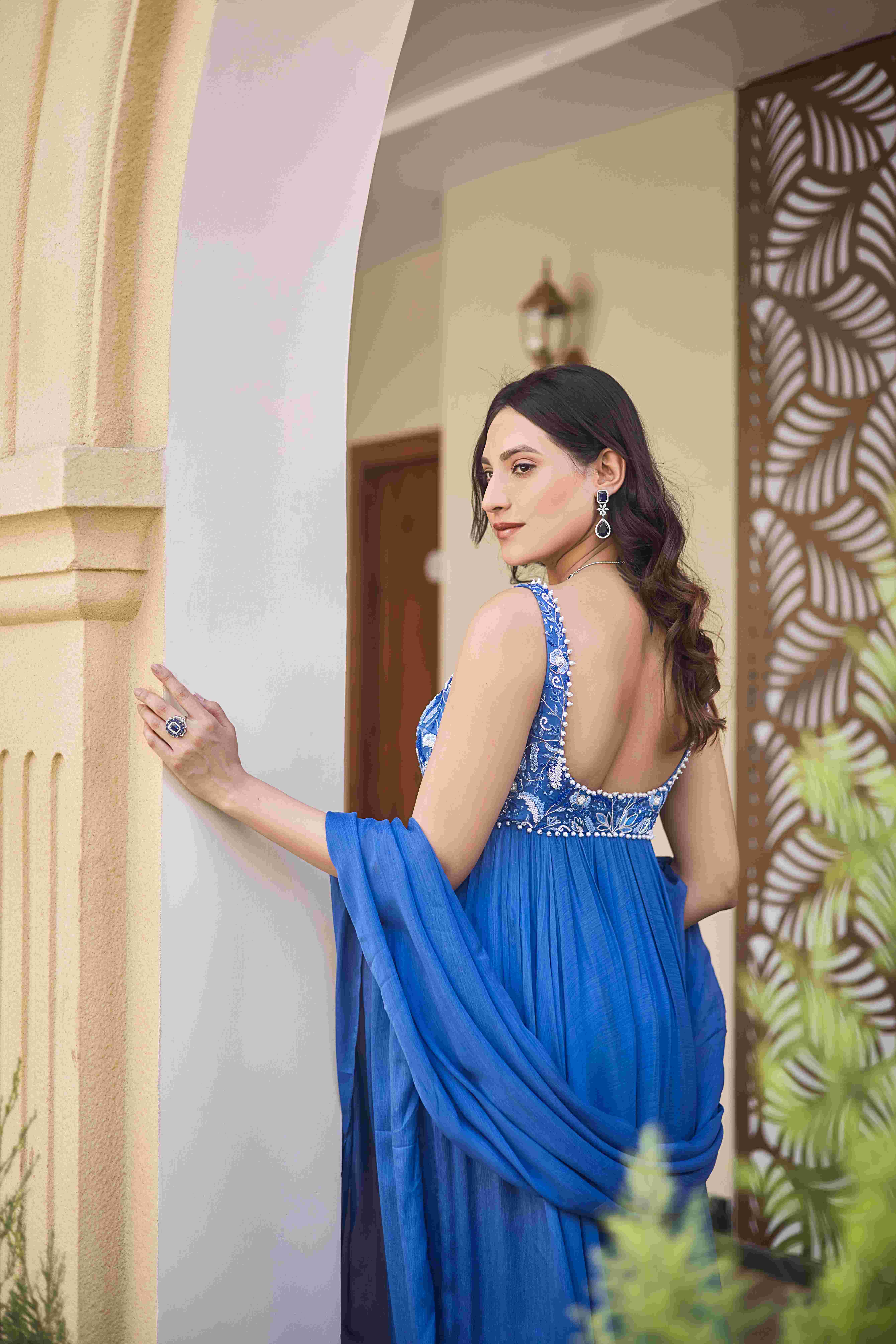 A model showcasing Timeless Affair Anarkali Set by D And V from D And V's collection