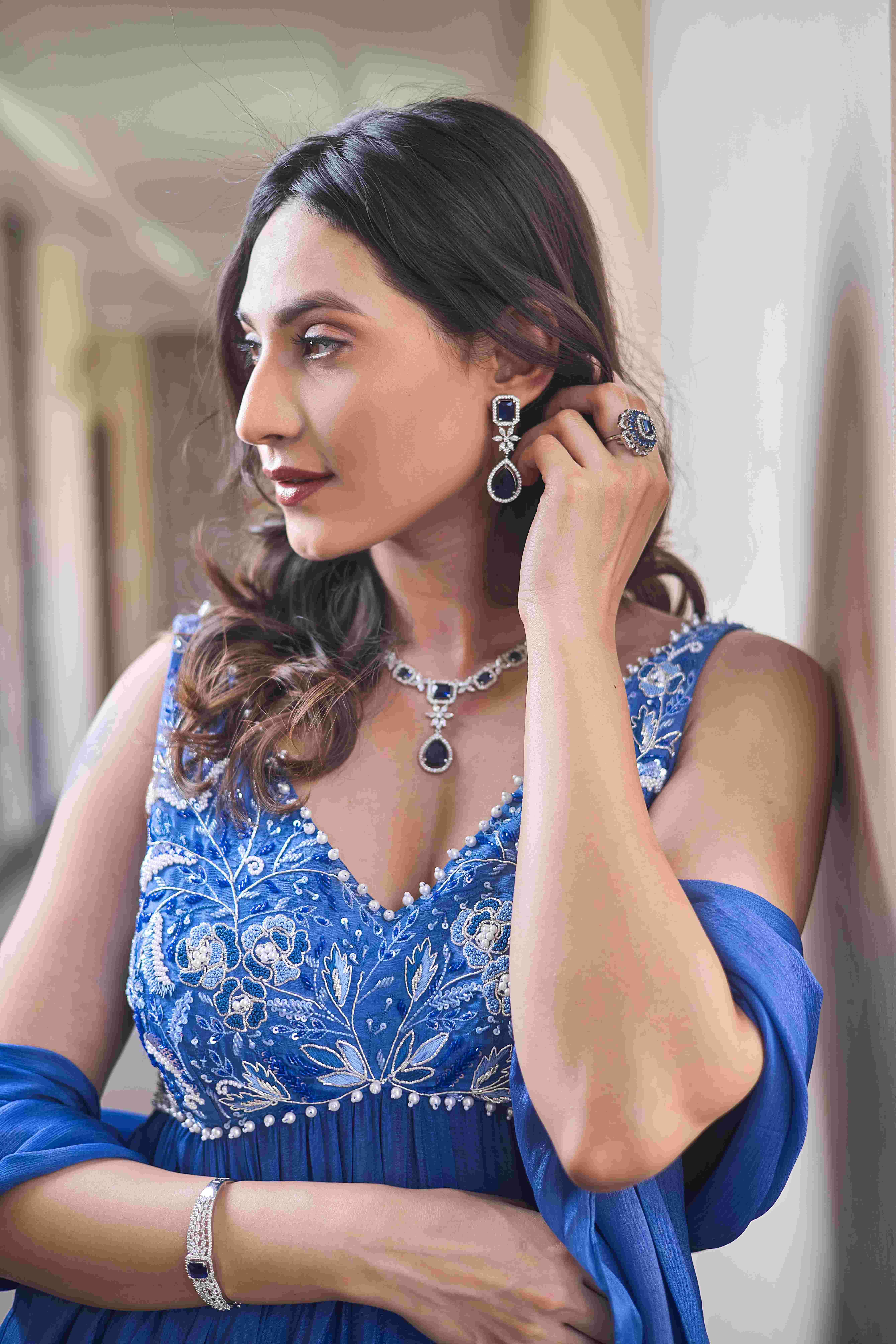 A model showcasing Timeless Affair Anarkali Set by D And V from D And V's collection
