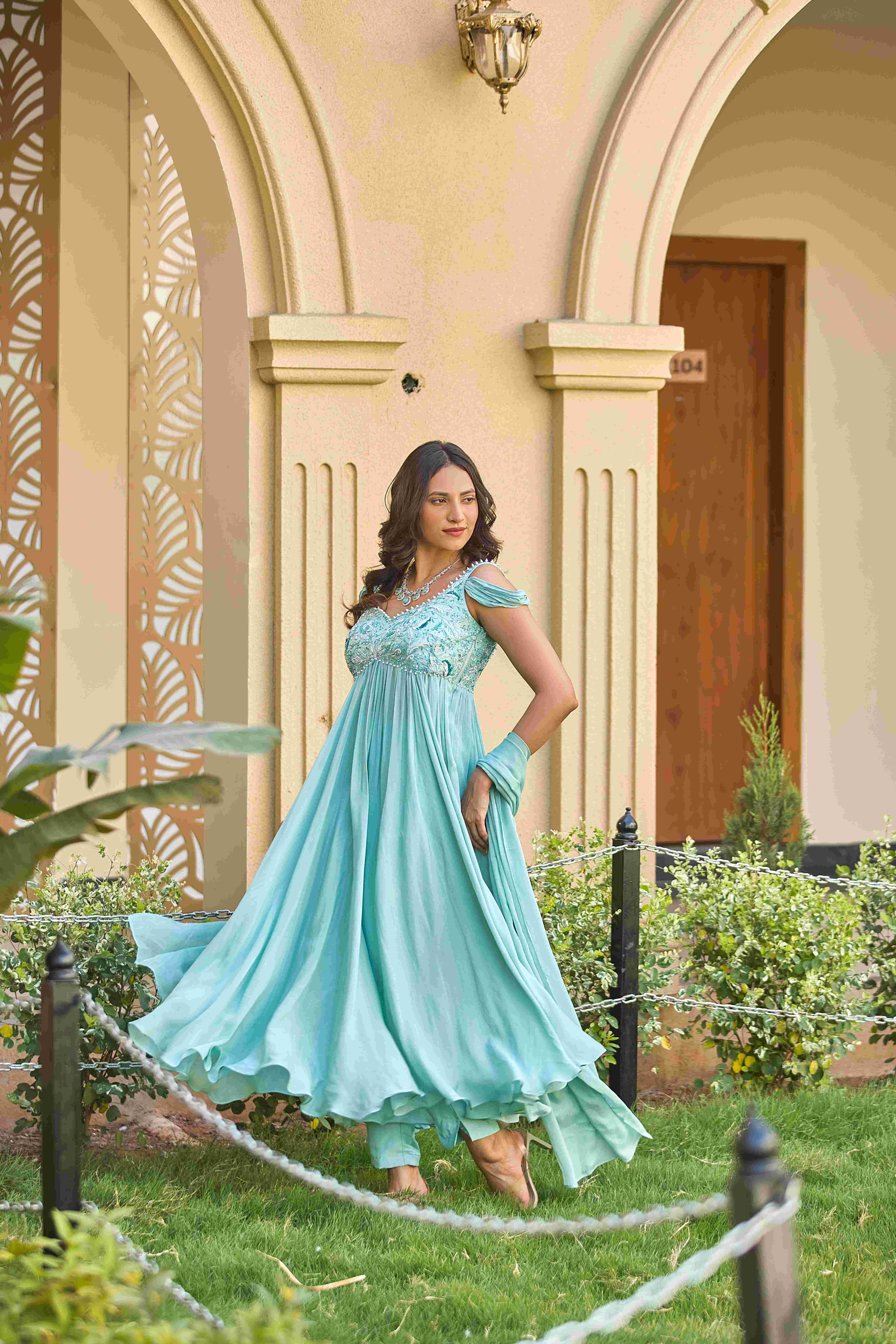 A model showcasing Breath Of A Moment Anarkali Suit by D And V from D And V's collection