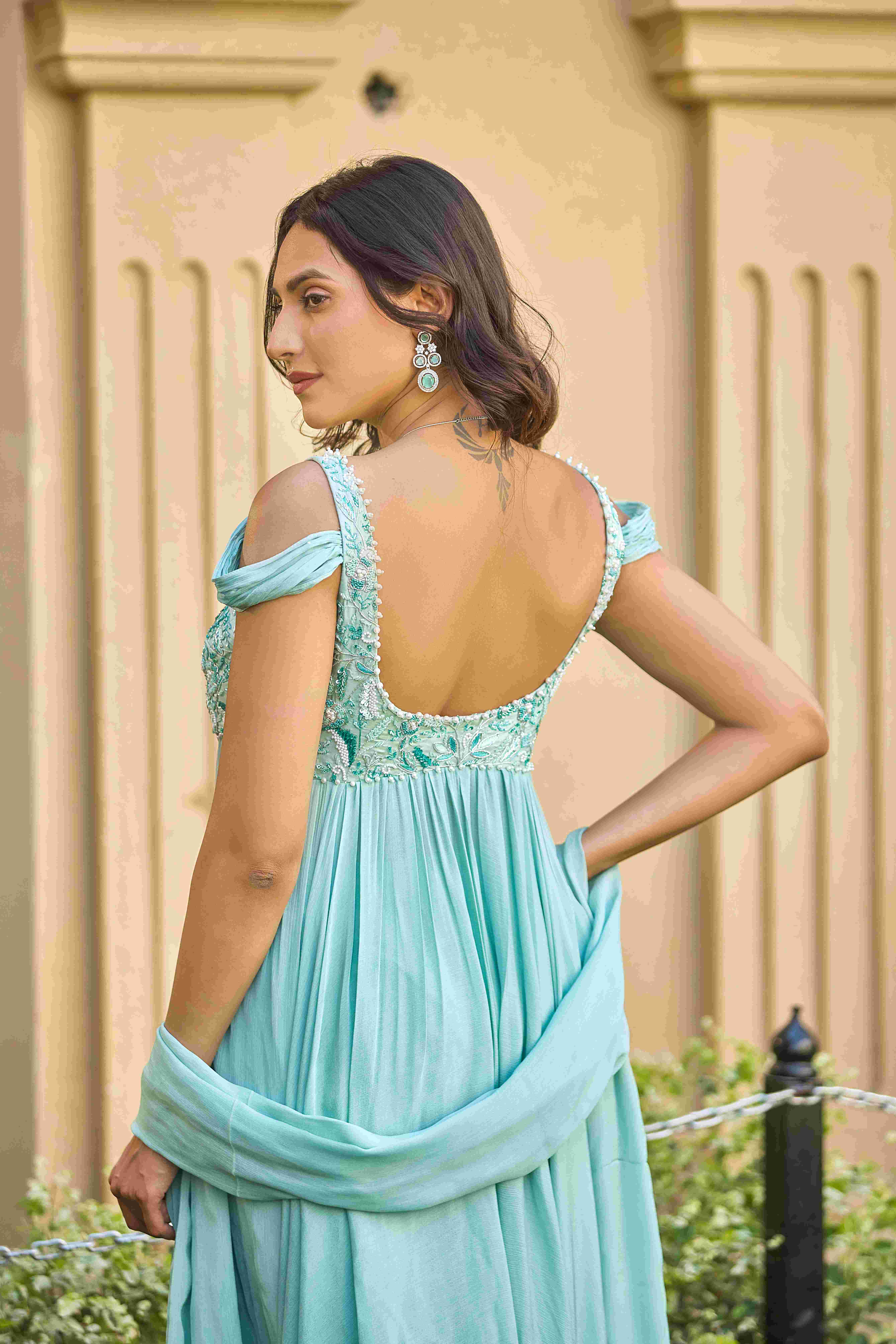 A model showcasing Breath Of A Moment Anarkali Suit by D And V from D And V's collection