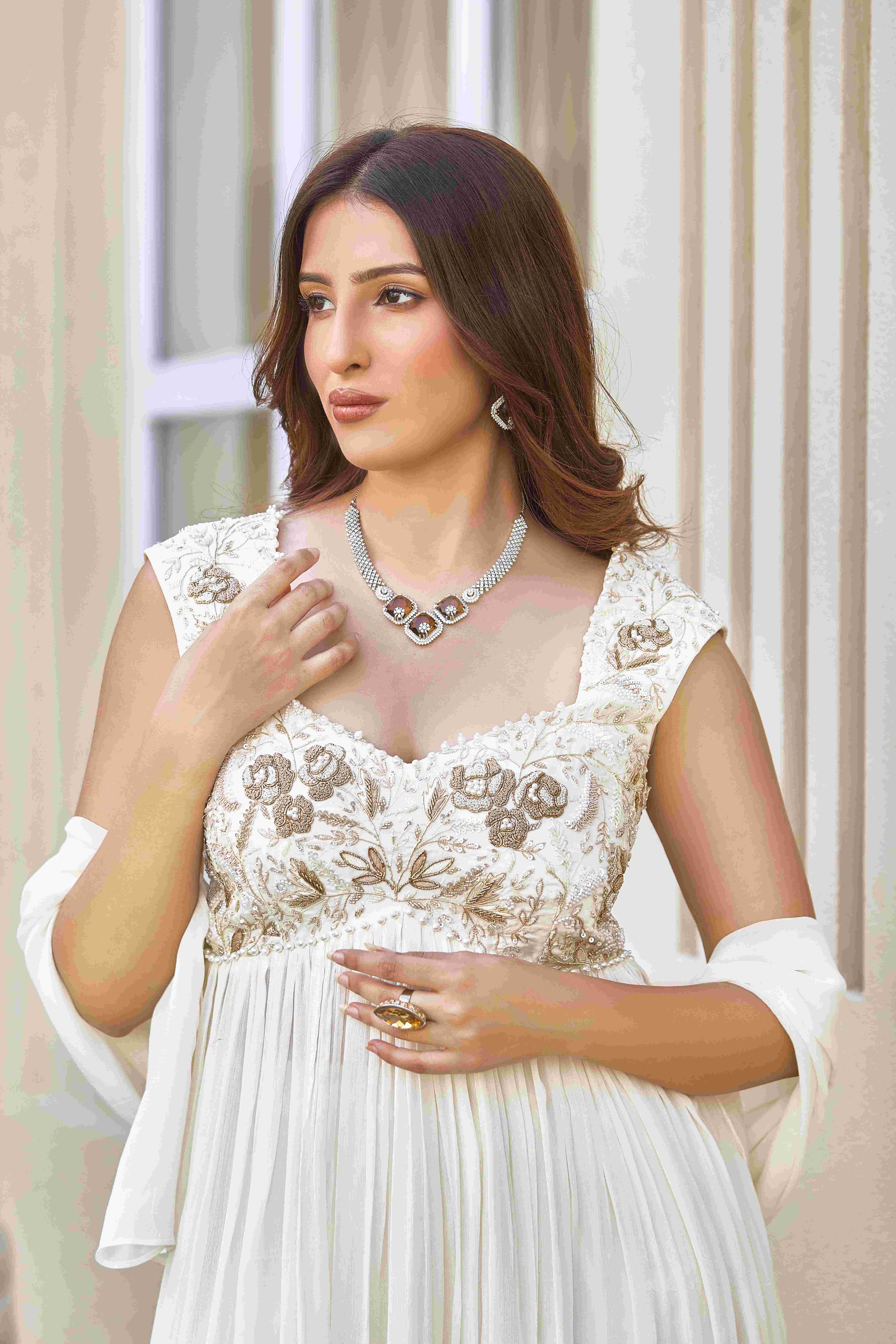 A model showcasing The Unspoken Yes Sharara Suit by D And V from D And V's collection