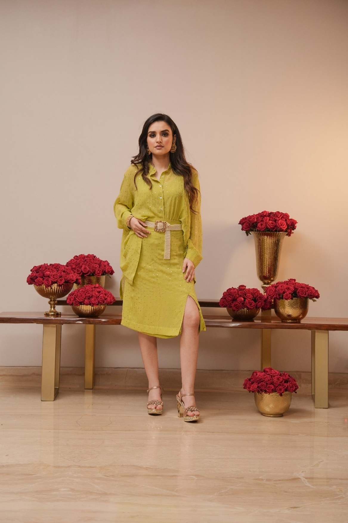 A model showcasing Lime Mukaish Coord Set Feature image by Myra By Anju Narian from Myra By Anju Narian's collection