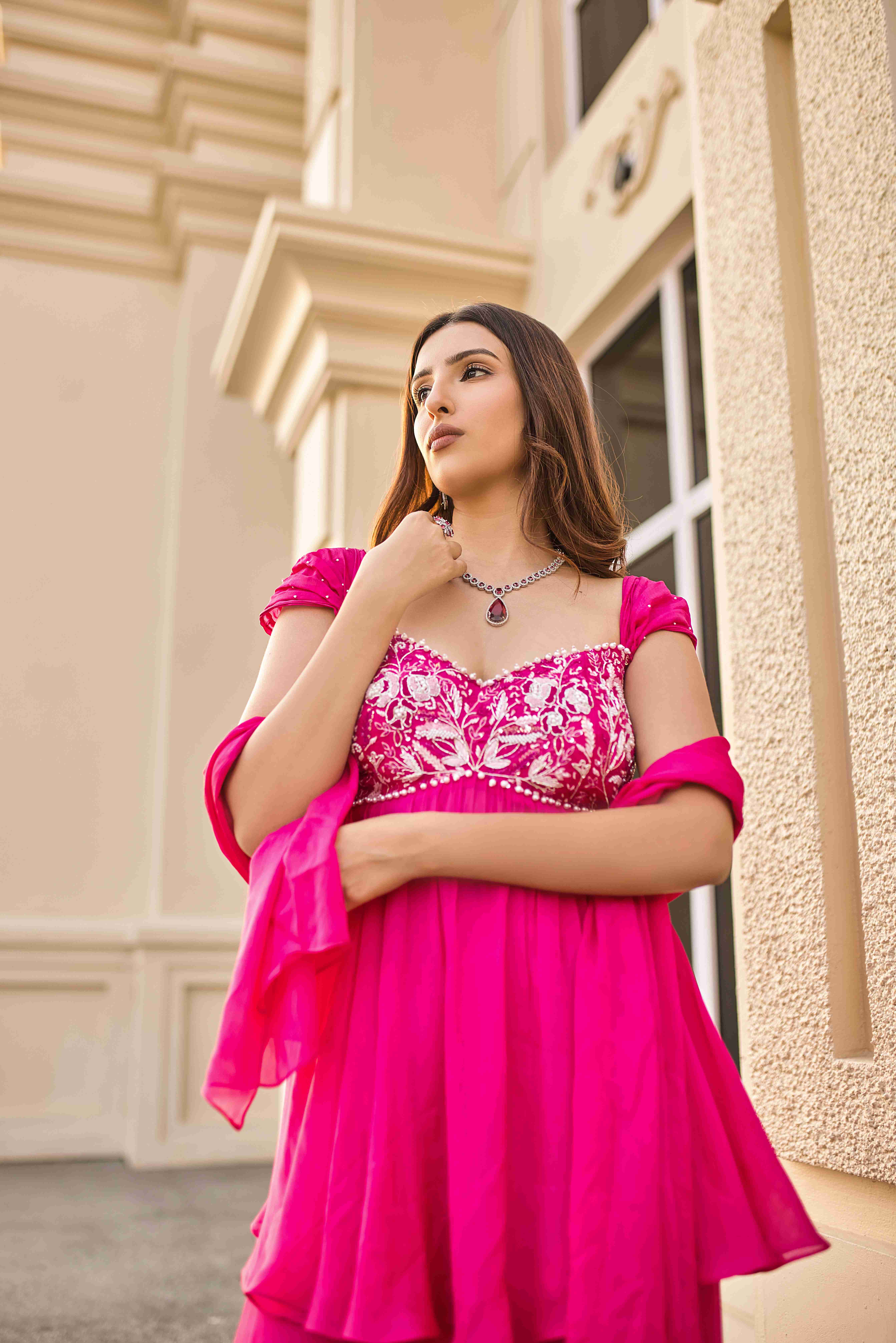 A model showcasing Breathless Sharara Set by D And V from D And V's collection