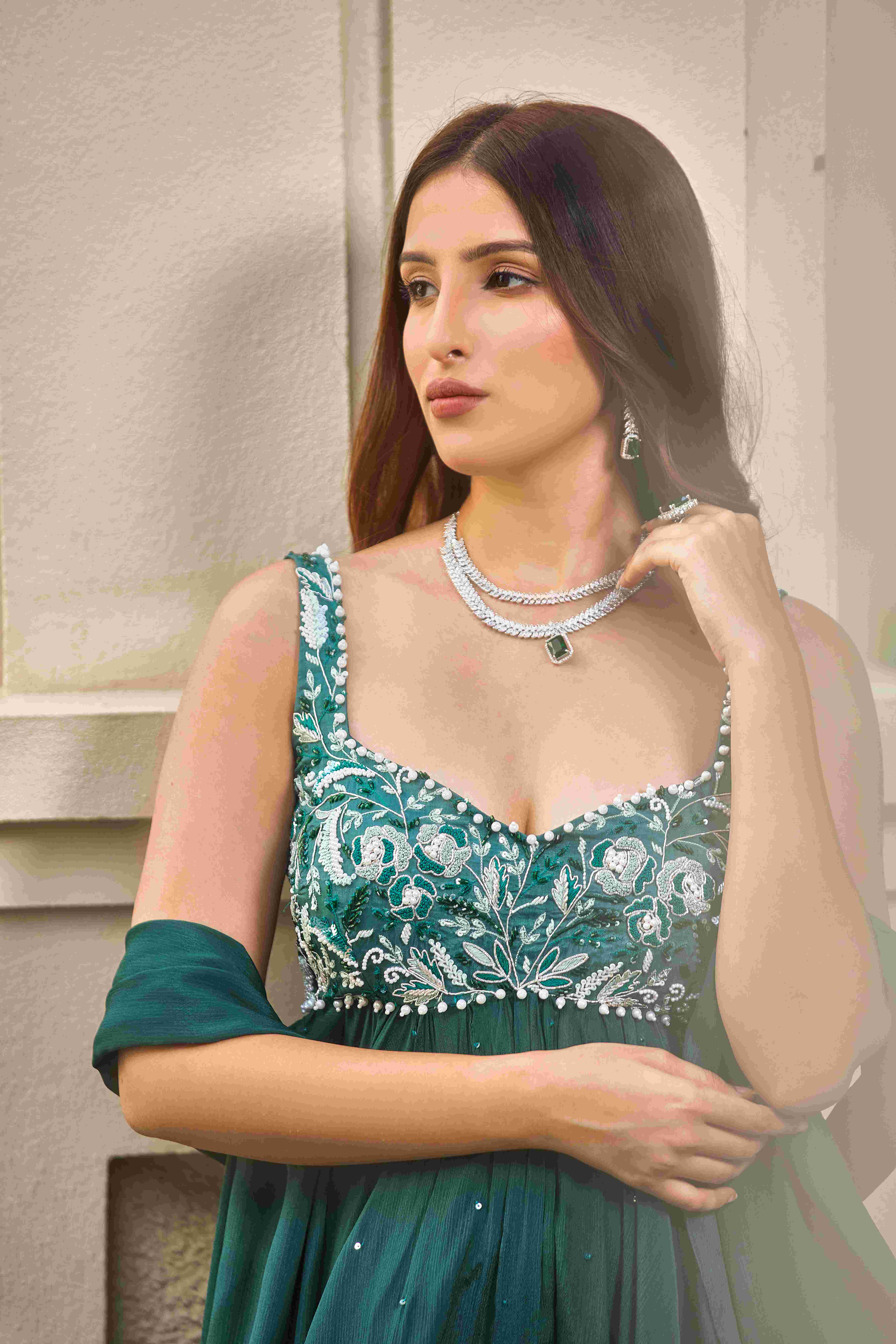 A model showcasing Stealing Glances Sharara Suit by D And V from D And V's collection