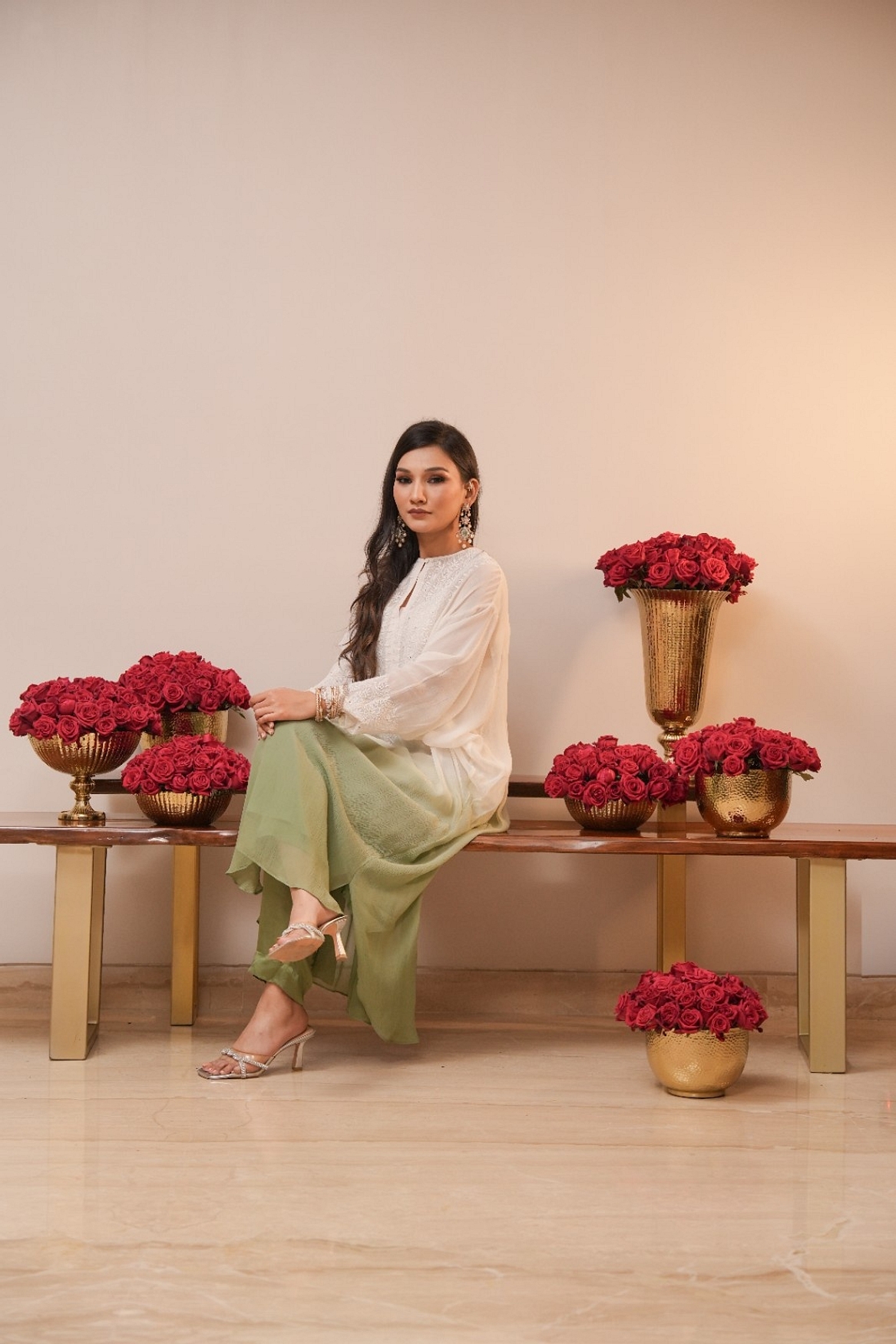 A model showcasing Shaded Chikan Kurta With Pants Feature image by Myra By Anju Narian from Myra By Anju Narian's collection