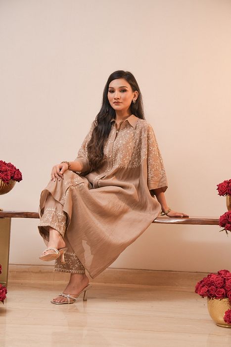 A model showcasing Brown Chikan Coord Set by Myra By Anju Narian from Myra By Anju Narian's collection