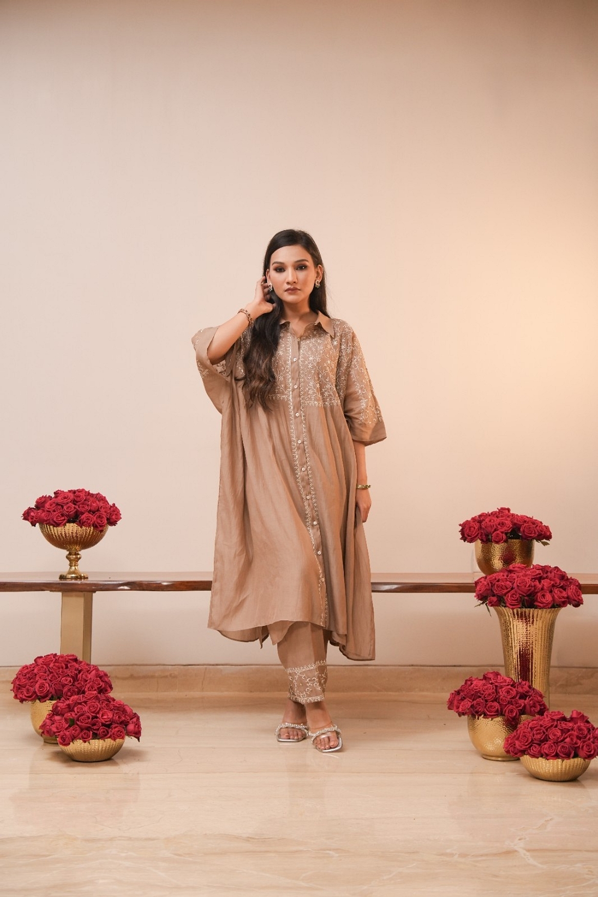 A model showcasing Brown Chikan Coord Set Feature image by Myra By Anju Narian from Myra By Anju Narian's collection