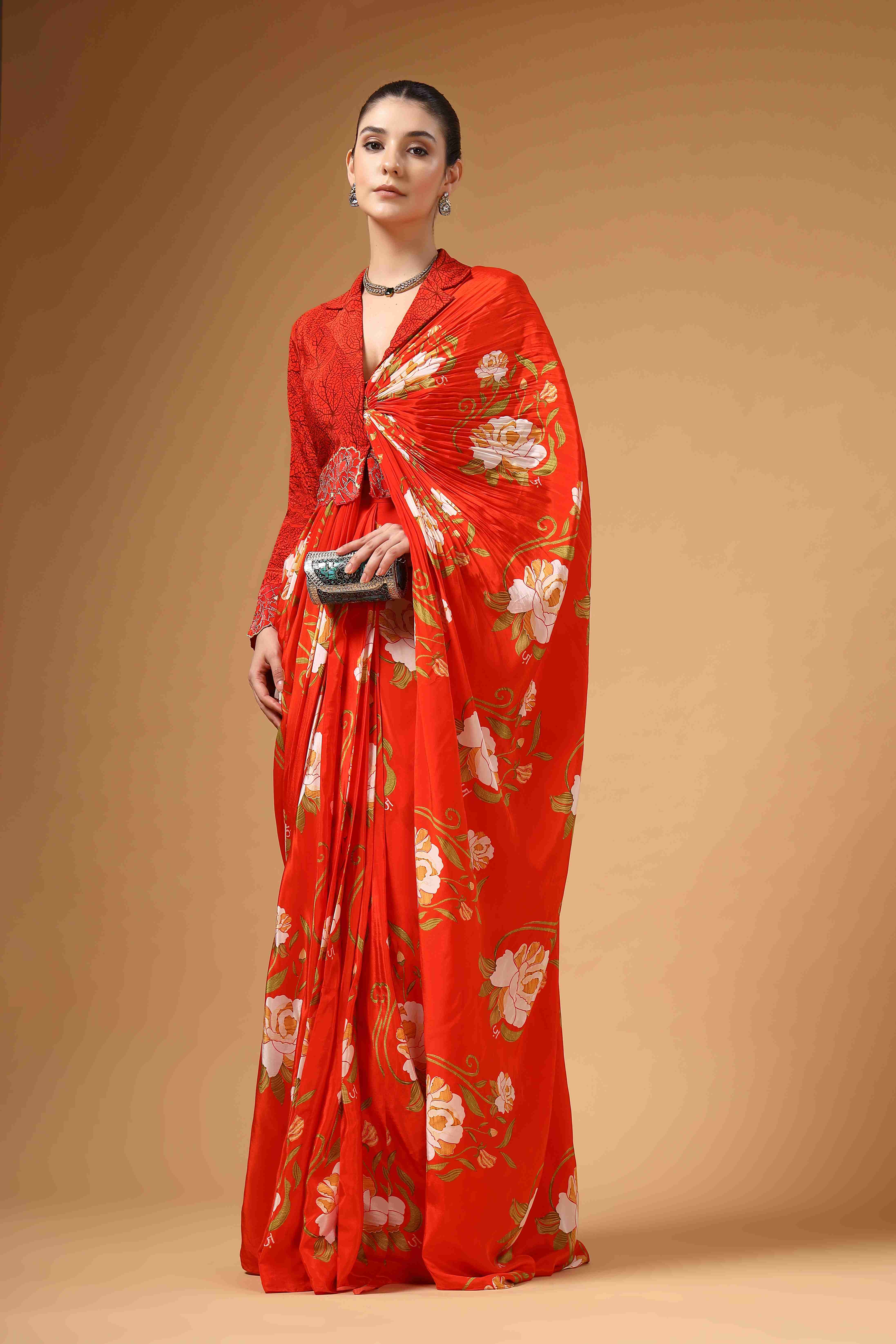 A model showcasing Orvya Red Jacket Saree Feature image by Miku Kumar from Miku Kumar's collection