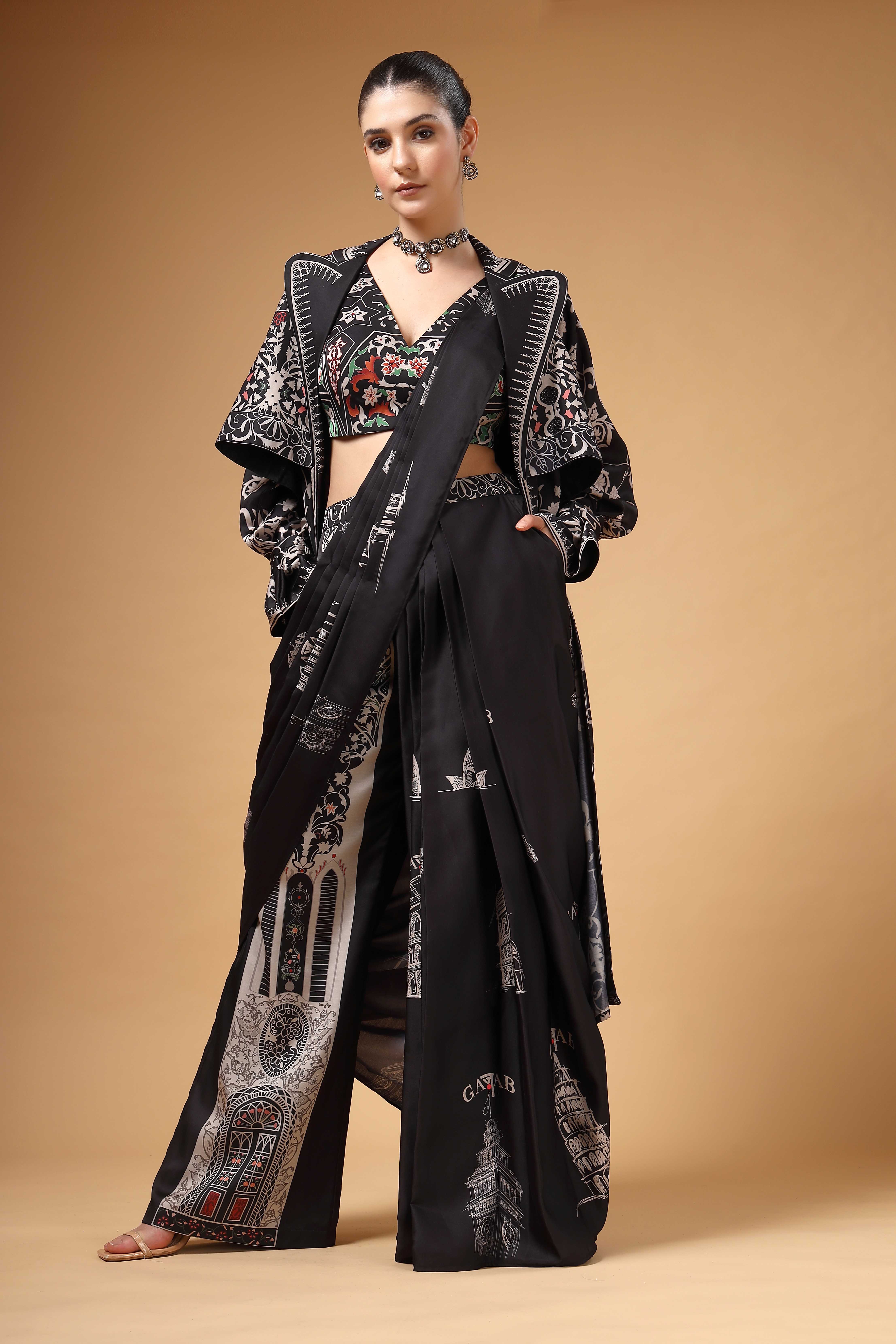 A model showcasing Nyrah Black Pant Drape Saree Feature image by Miku Kumar from Miku Kumar's collection