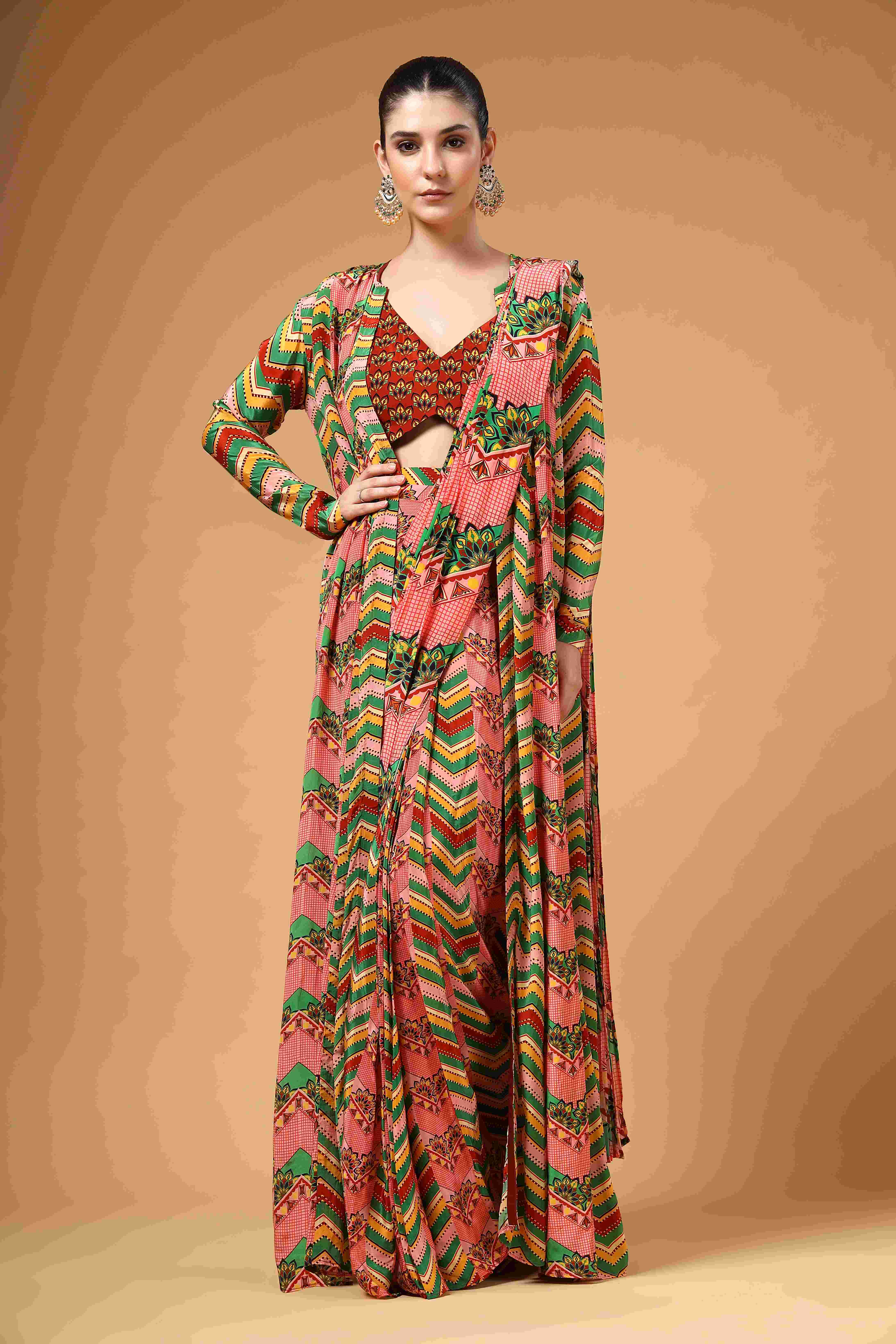 A model showcasing Zyona Multi Colour Cape Drape Saree Feature image by Miku Kumar from Miku Kumar's collection