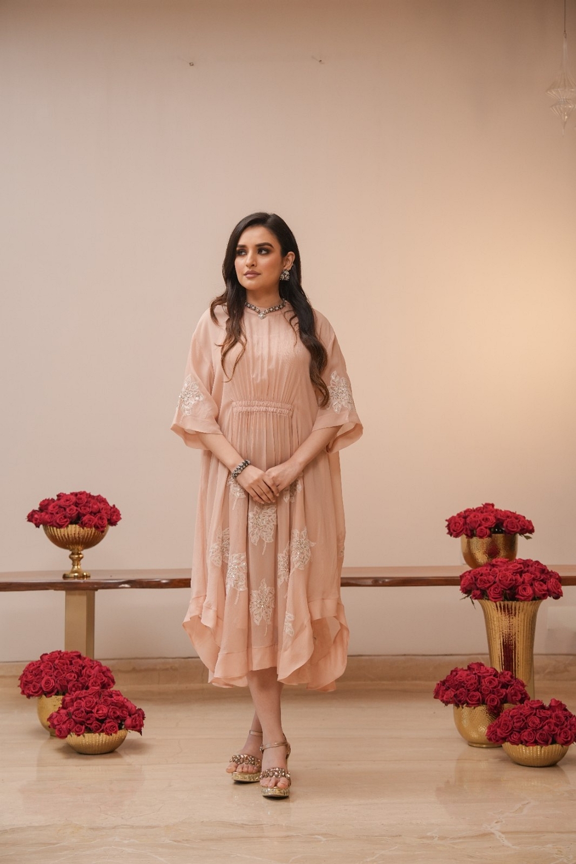 A model showcasing Light Pink Chikan Dress Feature image by Myra By Anju Narian from Myra By Anju Narian's collection