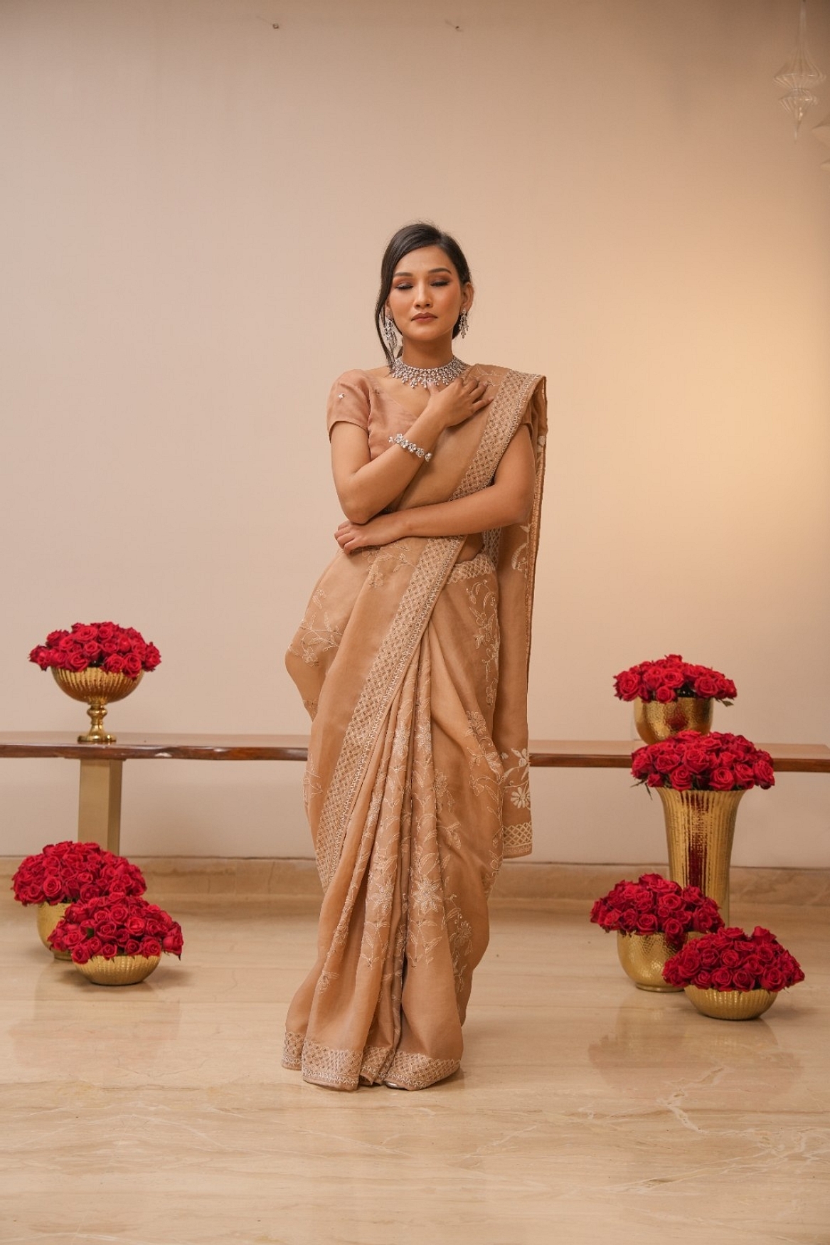 A model showcasing Brown Organza Chikankari Saree Feature image by Myra By Anju Narian from Myra By Anju Narian's collection