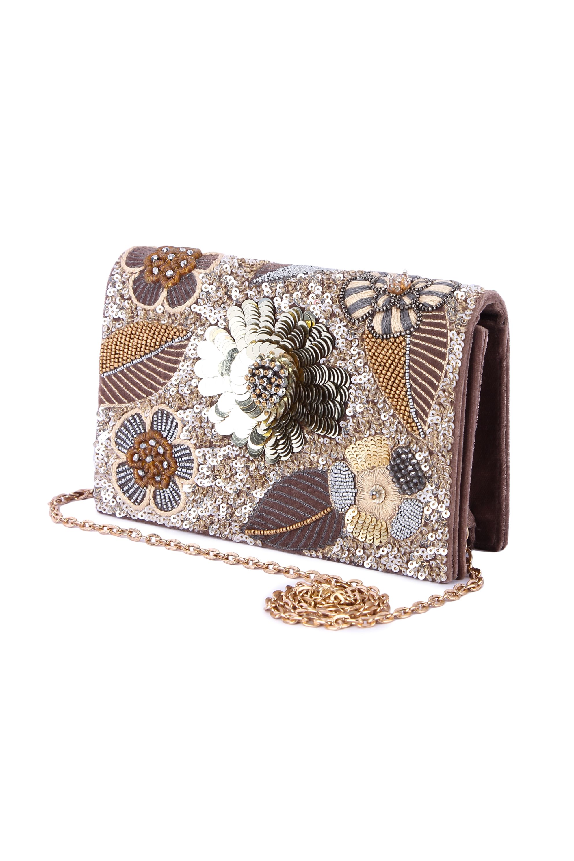 A model showcasing Deyani Clutch by The Purple Sack from The Purple Sack's collection