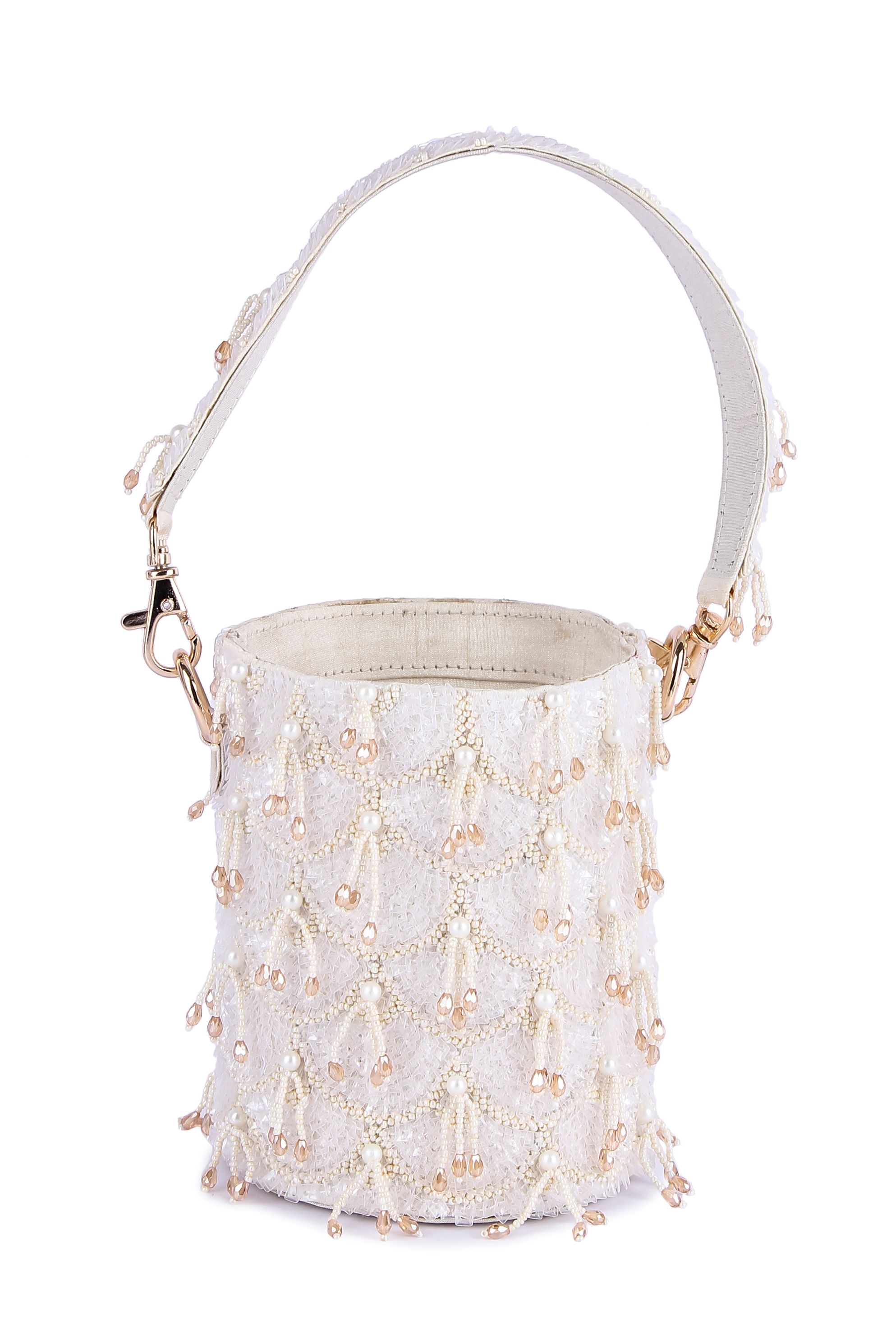 A model showcasing Bucket White Zing Potli by The Purple Sack from The Purple Sack's collection