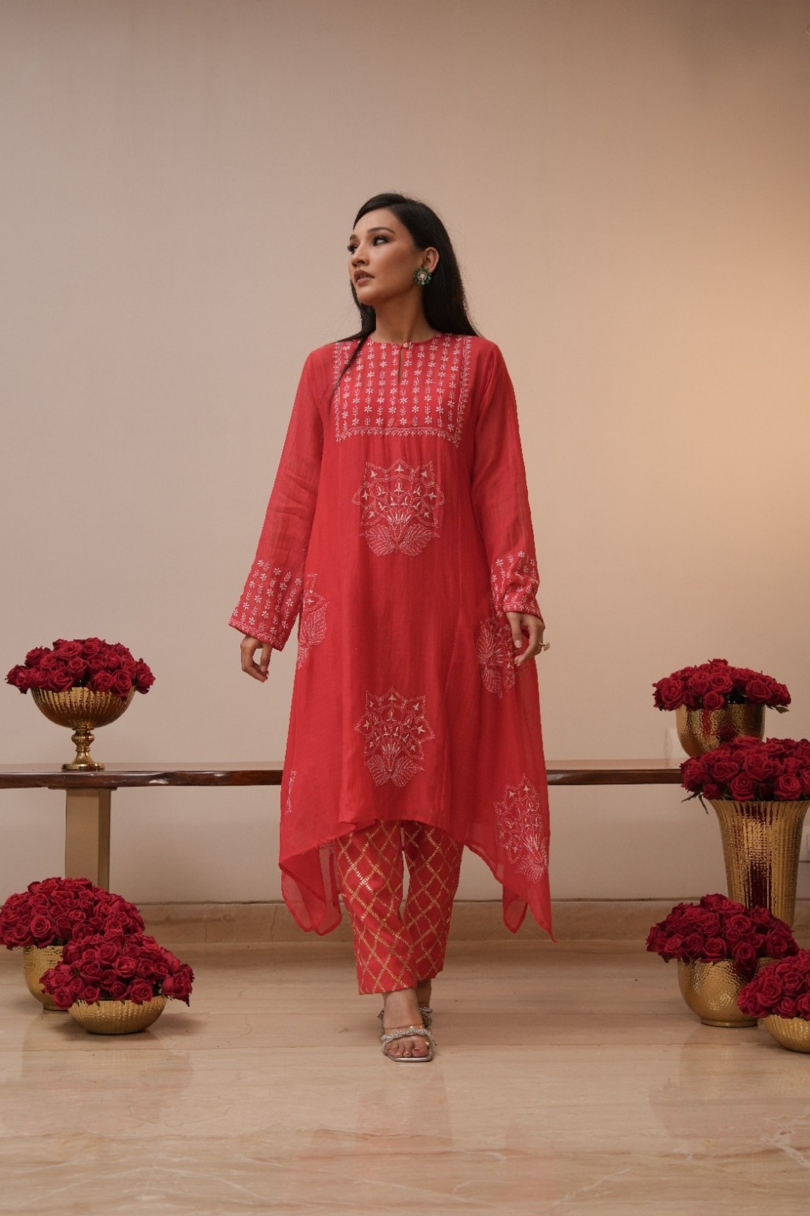 A model showcasing Red Chikankari Kurta Set Feature image by Myra By Anju Narian from Myra By Anju Narian's collection