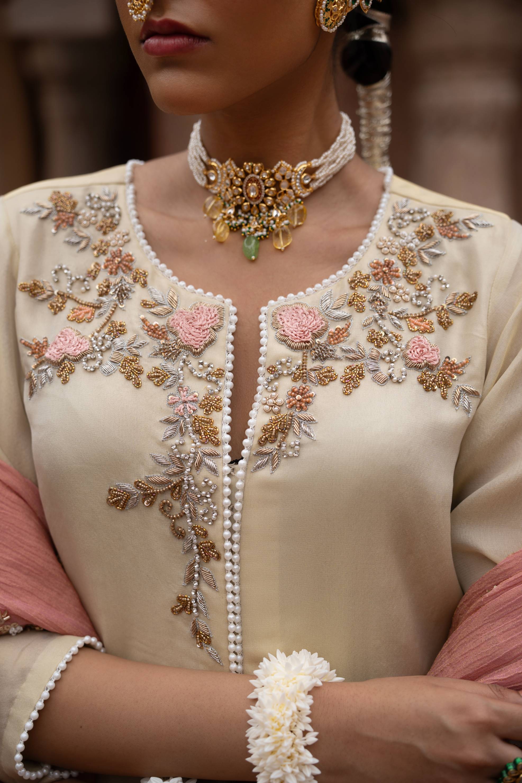 A model showcasing Gulbahaar Handembroidered Gharara Set by Nikunj from Nikunj's collection