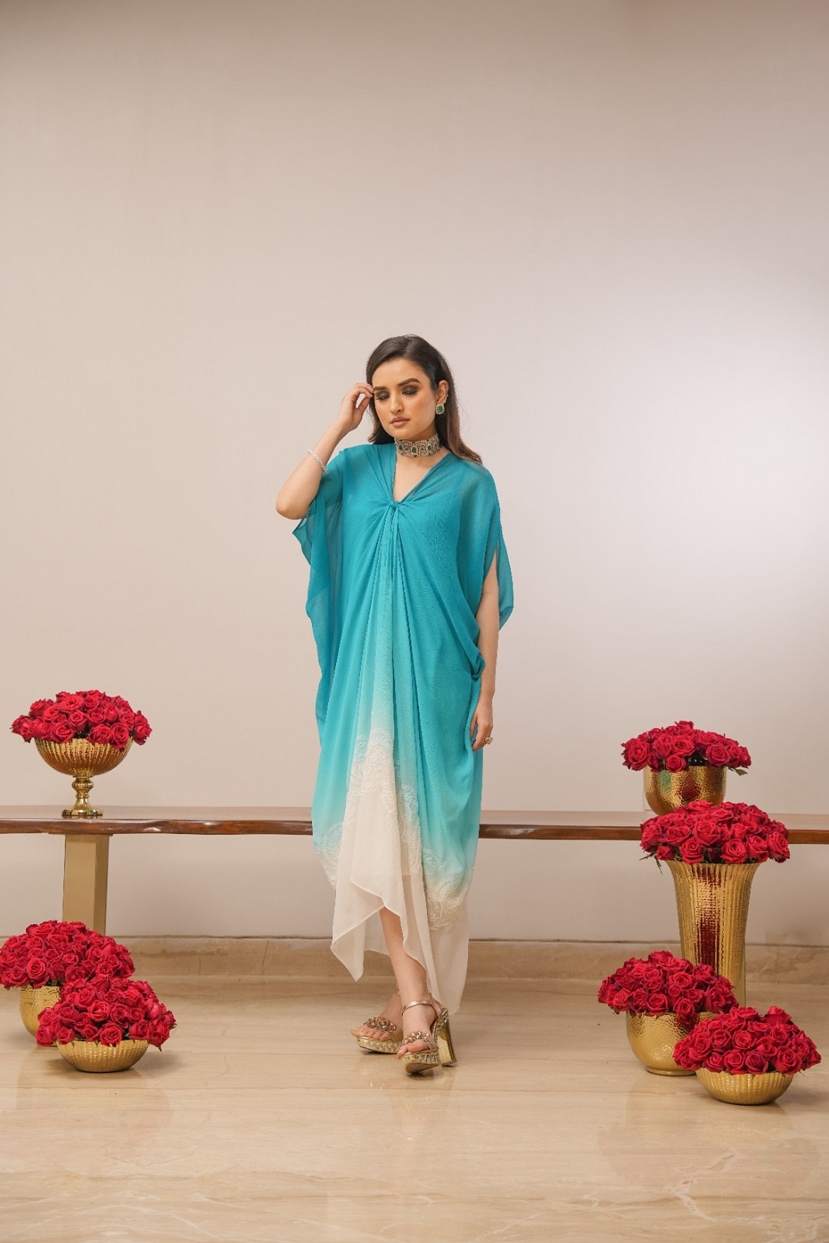 A model showcasing Firoza Shaded Chikankari Dress Feature image by Myra By Anju Narian from Myra By Anju Narian's collection