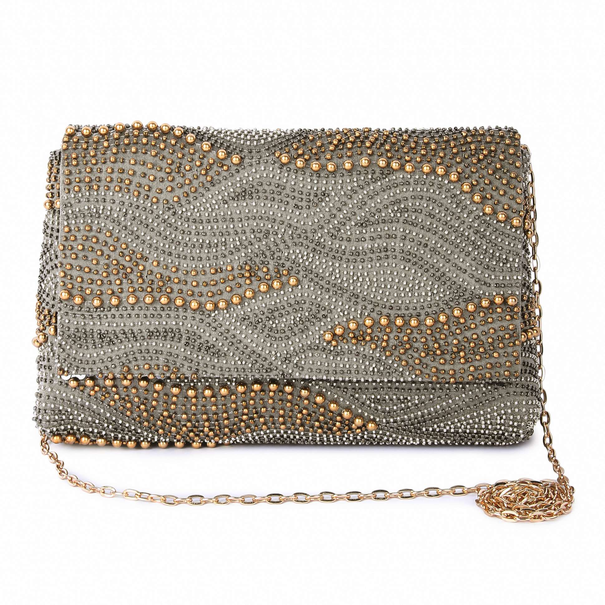 A model showcasing Galaxy Grey Clutch by The Purple Sack from The Purple Sack's collection
