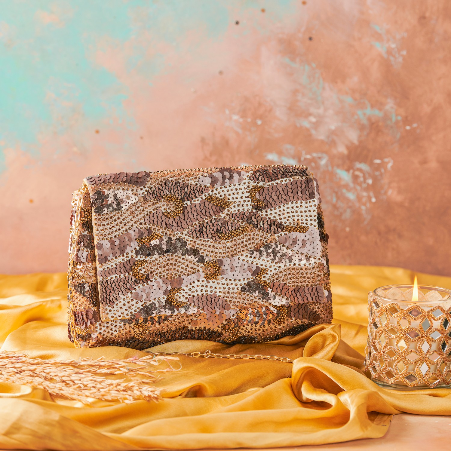 A model showcasing Eelina Zing Clutch by The Purple Sack from The Purple Sack's collection