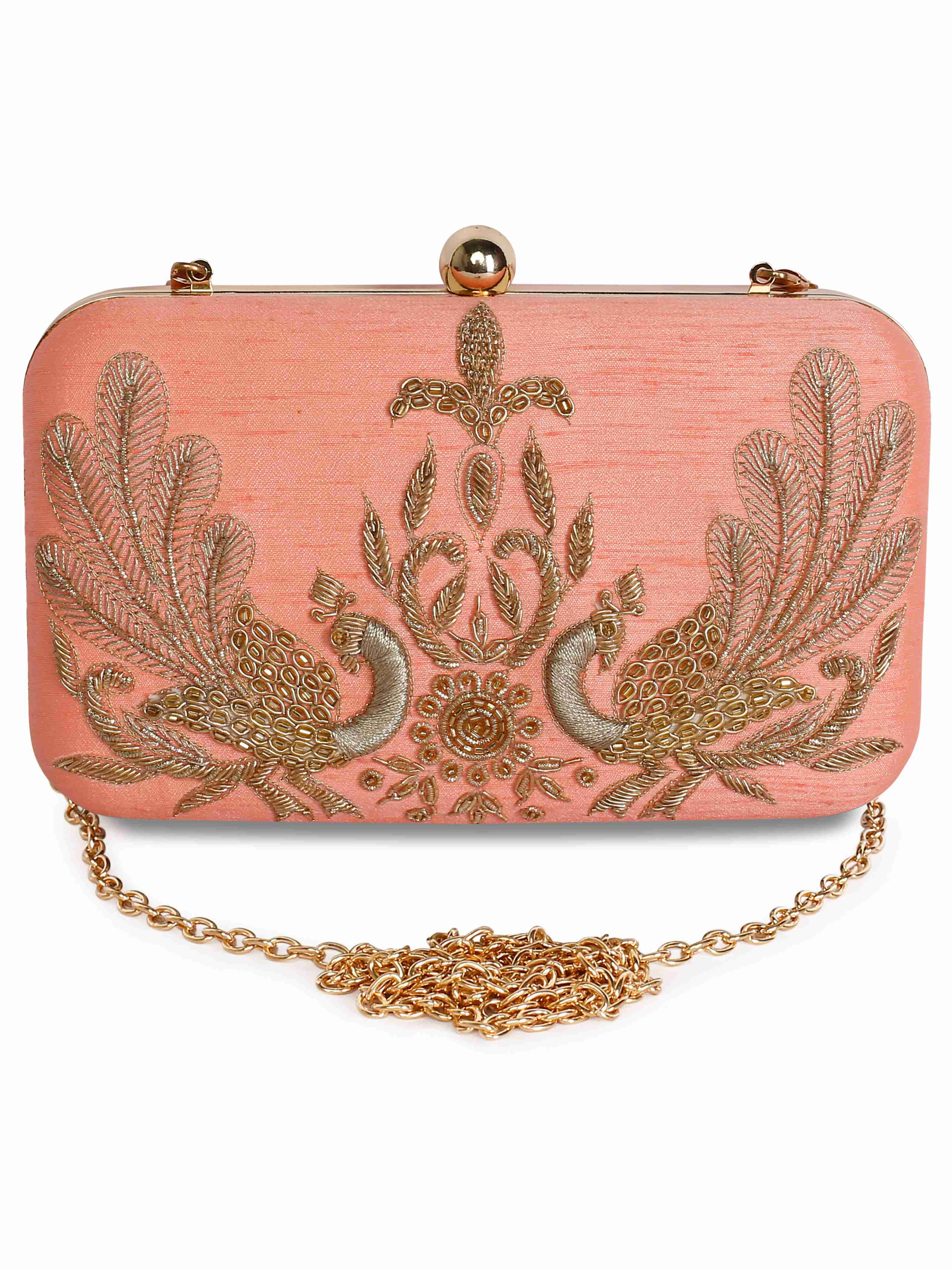 A model showcasing Peacock Couple Clutch by The Purple Sack from The Purple Sack's collection