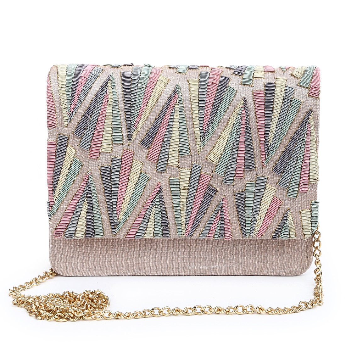 A model showcasing Happy Mood Clutch by The Purple Sack from The Purple Sack's collection