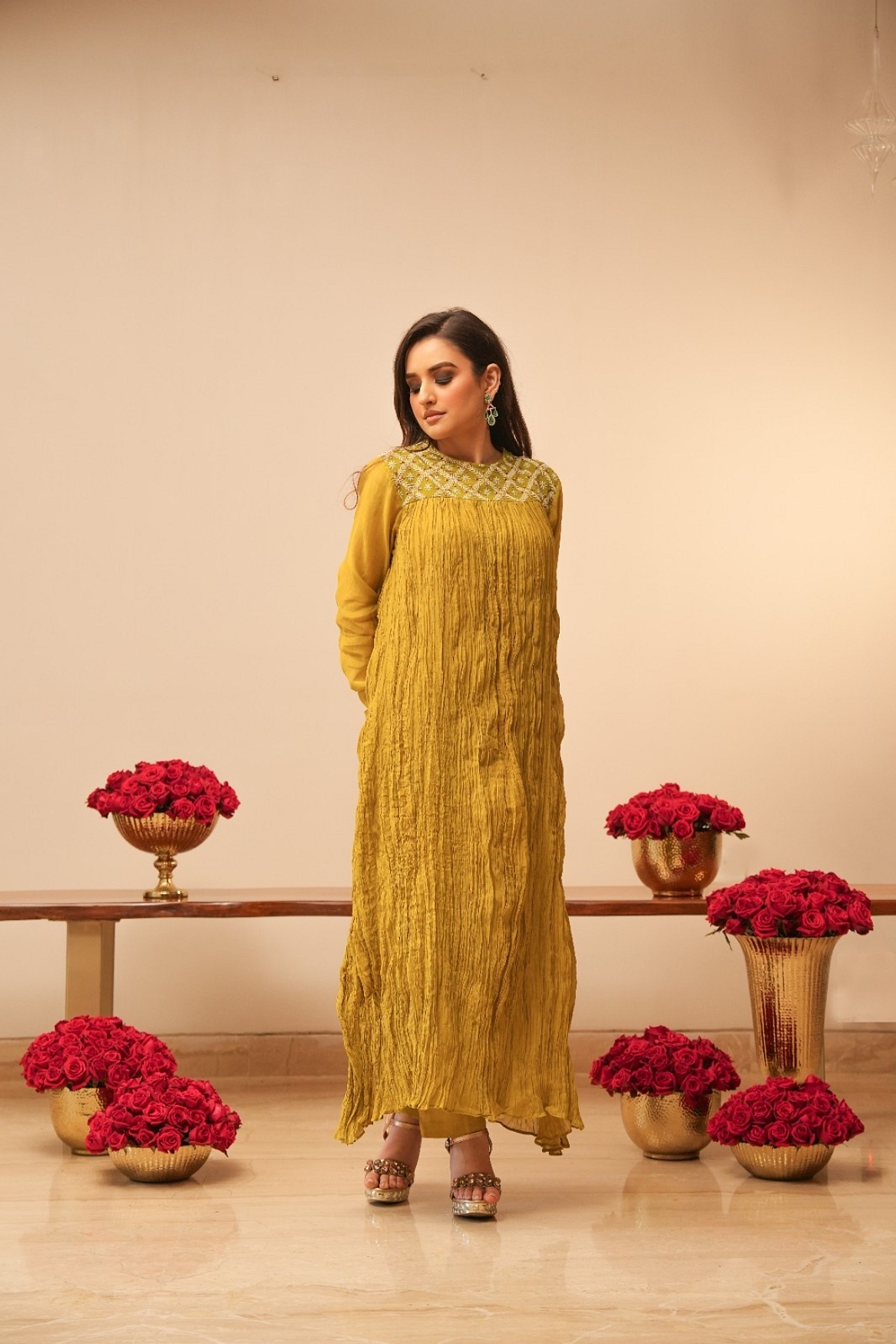 A model showcasing Olive Crush Kurta With Pants Feature image by Myra By Anju Narian from Myra By Anju Narian's collection