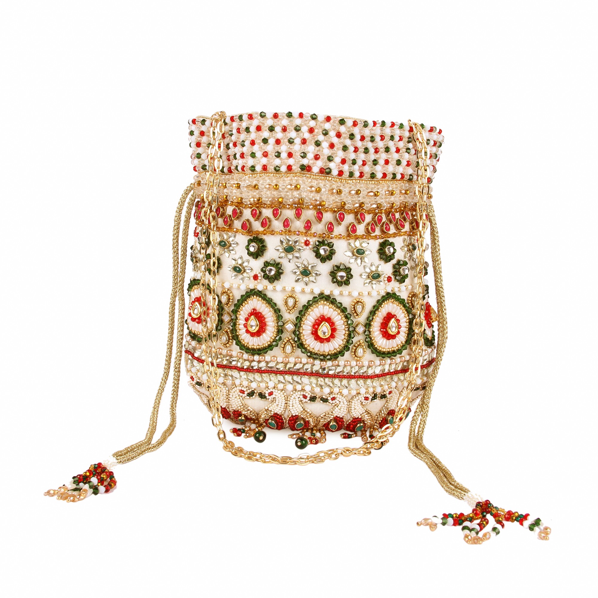 A model showcasing Kundan Peacock Potli by The Purple Sack from The Purple Sack's collection
