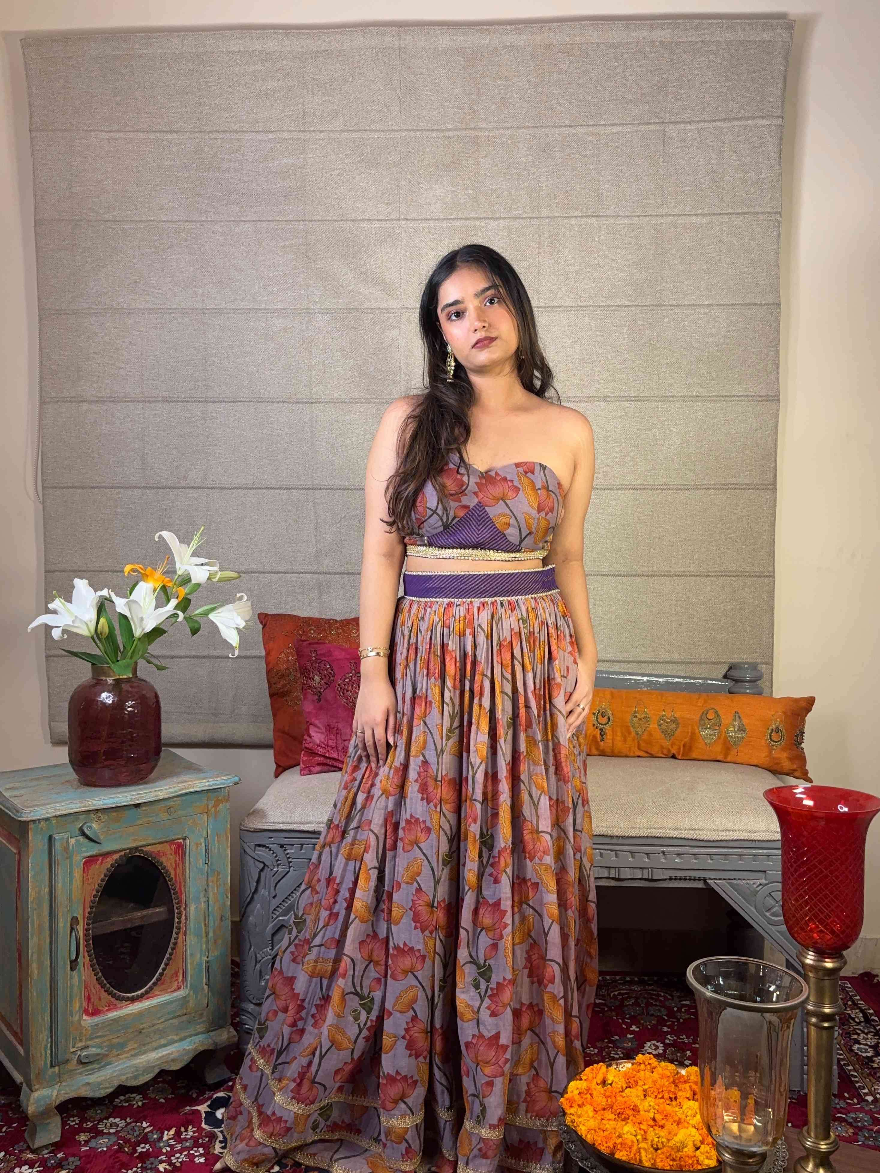 A model showcasing Floral Print Corset Top Skirt Set by Miithhii Elaychii from Miithhii Elaychii's collection
