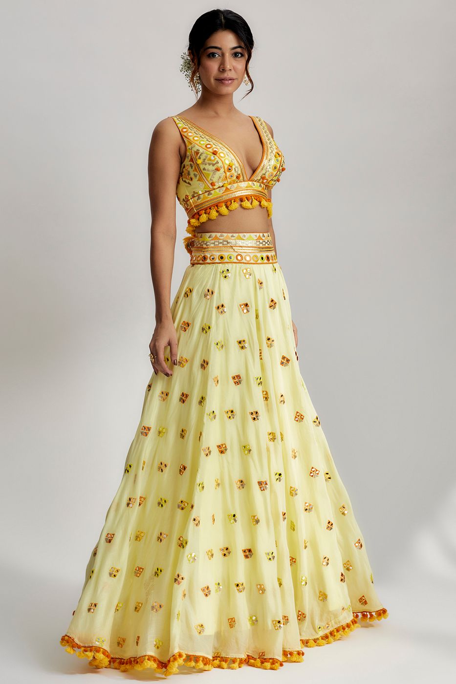 A model showcasing Yellow Yasti Victorian Skirt Set Feature image by Gopi Vaid from Gopi Vaid's collection