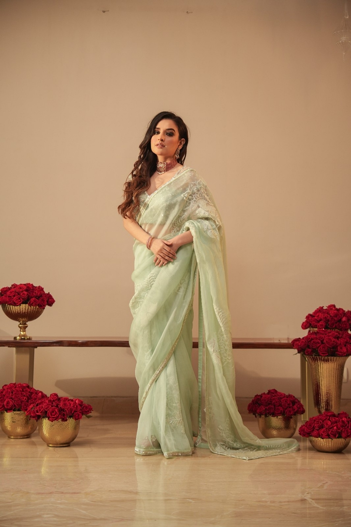 A model showcasing Ice Blue Chikankari Saree With Net Blouse Feature image by Myra By Anju Narian from Myra By Anju Narian's collection