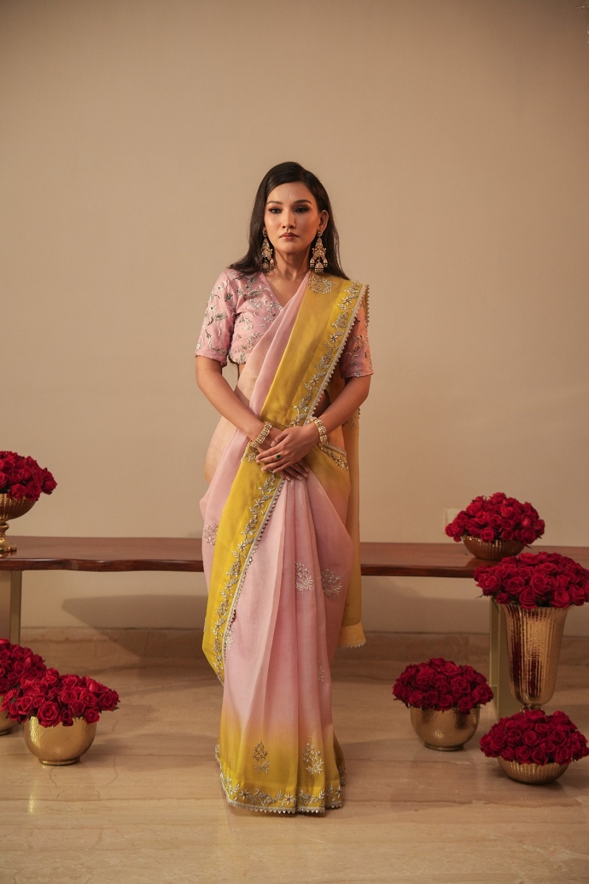 A model showcasing Lilac And Olive Shaded Organza Saree With Zardosi Blouse Feature image by Myra By Anju Narian from Myra By Anju Narian's collection